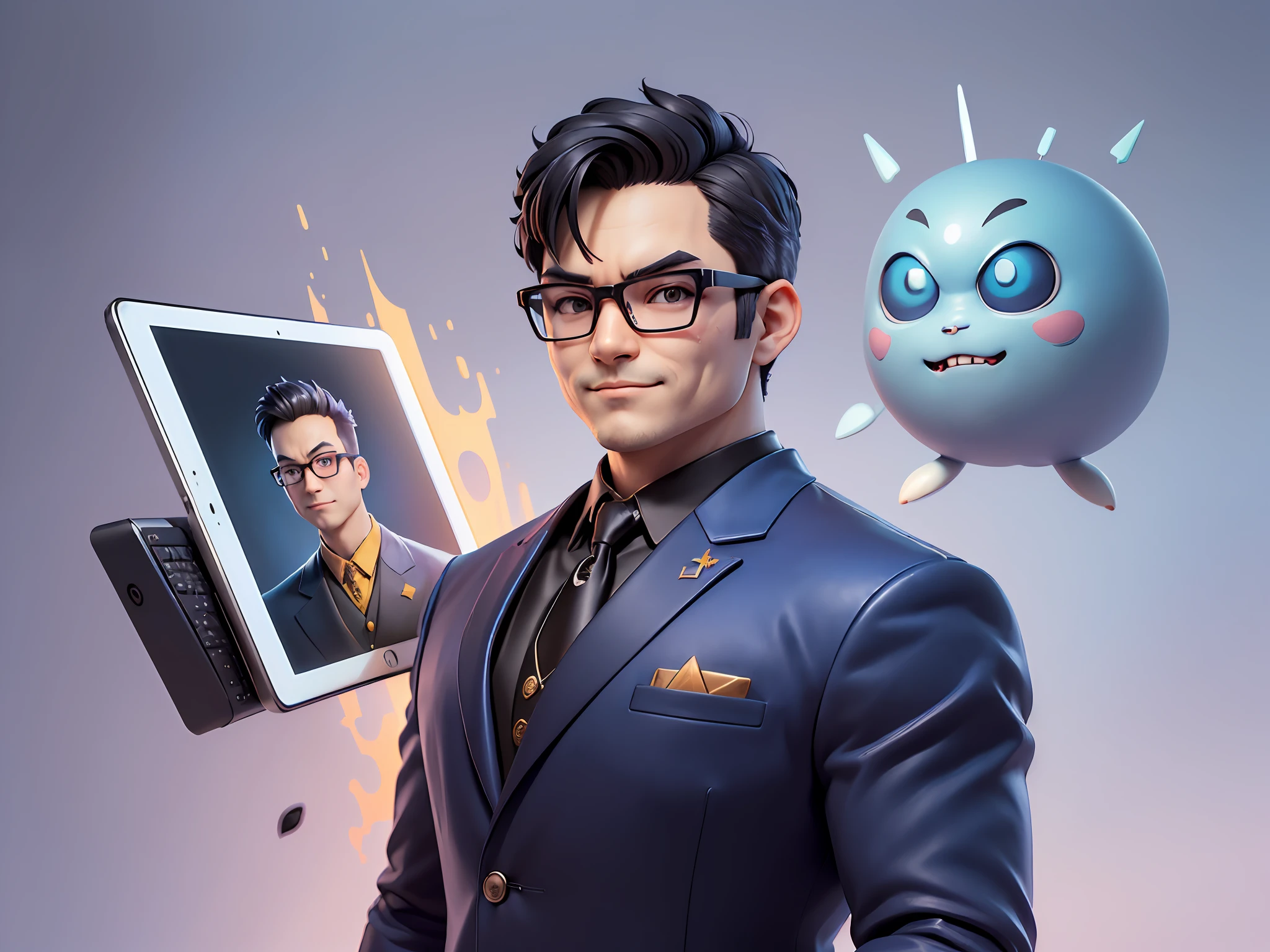 (((Masterpiece), (Excellent), (Super Meticulous), (Full Body: 1.2), Super Young Man, Oriental Face, Japanese Wind and Thunder God, Dragon, Tiger, TV Anchor, Bust Portrait Illustration, Alone, Black Formal Suit, Blue Tie, Slightly Chubby Face, Silver Glasses Face Very Clean No Beard, Black Super Short Hair, Black Eyes, Confident Smile, 3c Computer Sub-Products, iPad, iPhone, Digital Painting, 3D Character Design by Akira Toriyama and Mark Claireden and Pixar and Hayao Miyazaki, The illustration is a high-definition illustration in 4K resolution with very detailed facial features and cartoon-style visuals.