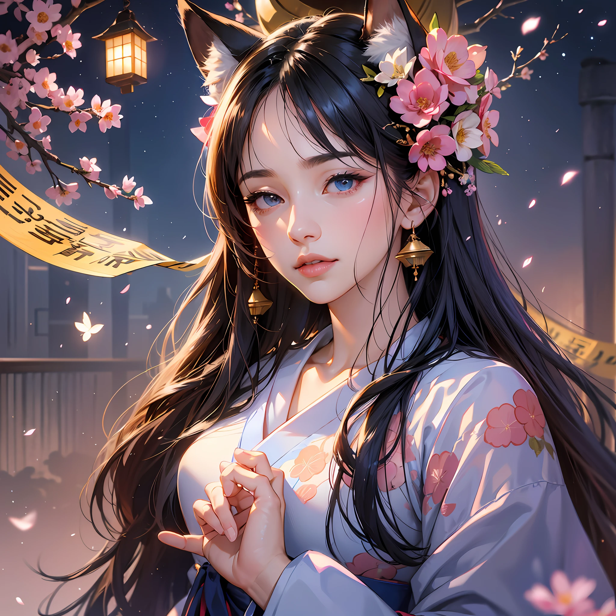 (absurdres, highres, ultra detailed), close-up of face, emphasis on face, focus on face, one woman, mature woman, aged, long straight hair, shiny beautiful hair, blue eyes, bangs, long sleeves, finely drawn eyes and detailed face, eye highlights, hands without breaks, rich lighting, pale pink lips, highly detailed CG unified 8K wallpaper, realistic, smooth skin, intricate details, portrait, gazing, solo, half shot, finely drawn face, soft smile, dynamic pose, classical period, (Ancient Japanese Subject: 1.1), Japan Mythology, Fox Ears, Japanese, Ruler, Blue Kimono, Floral Kimono, Ancient Themes, (Prosperous Civilization: 1.1), Moon in Background, (Immaculate: 1.1) Shrine, Torii Gate, Japanese Landscape, Old City in Background, Fox Mask, Fantastic, Dreamy, Romantic, Light Dancing, Lantern, Austerity, Night, Darkness, Stars, Portrait, Cinematic Lighting, floral hairpiece, having a date, cherry blossom --auto --s2