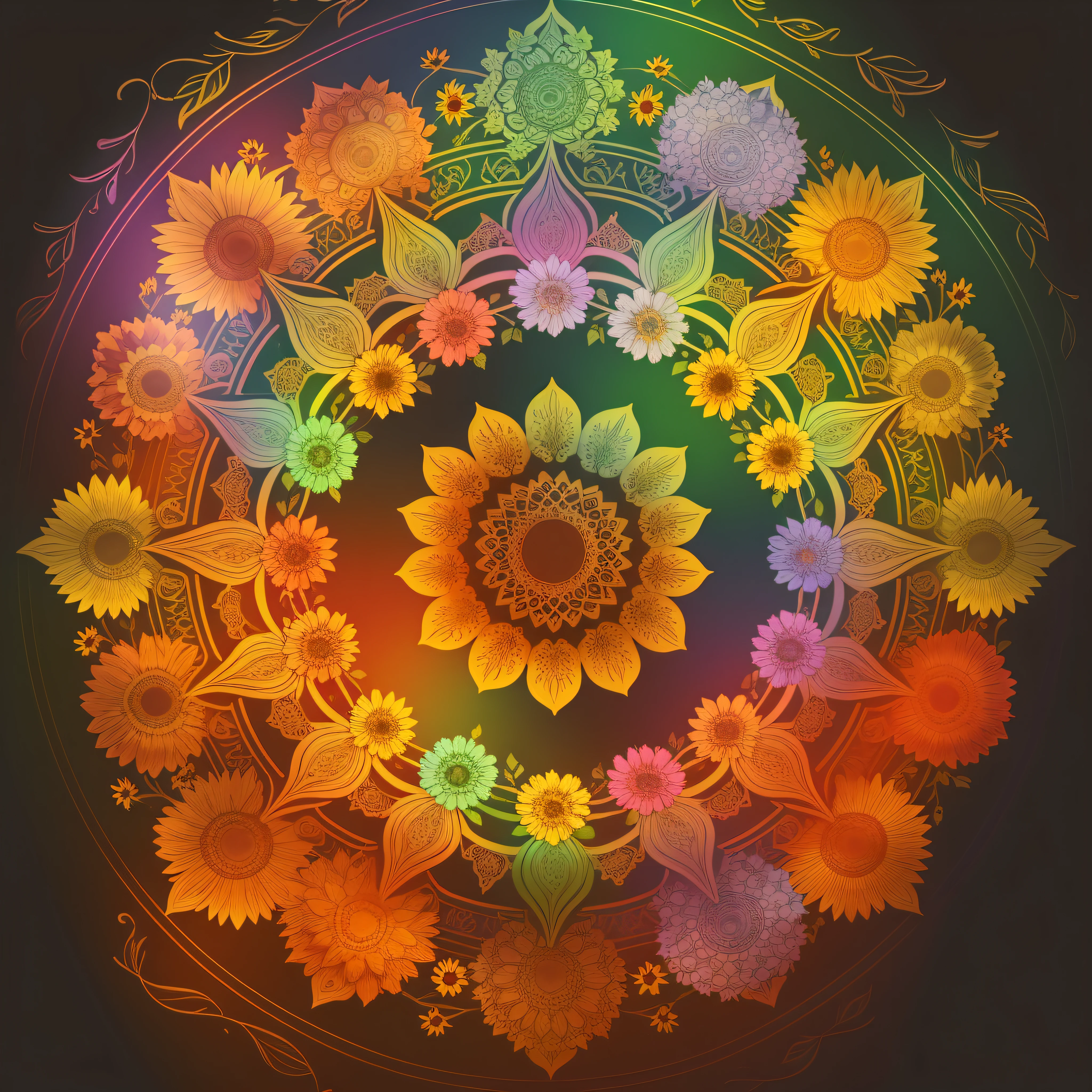 Illustration of mandala with flowers, sunflower in the center, elements of green leaves and branches, light lilac background, rainbow colors, 8k, brightness, nature, uncut full picture