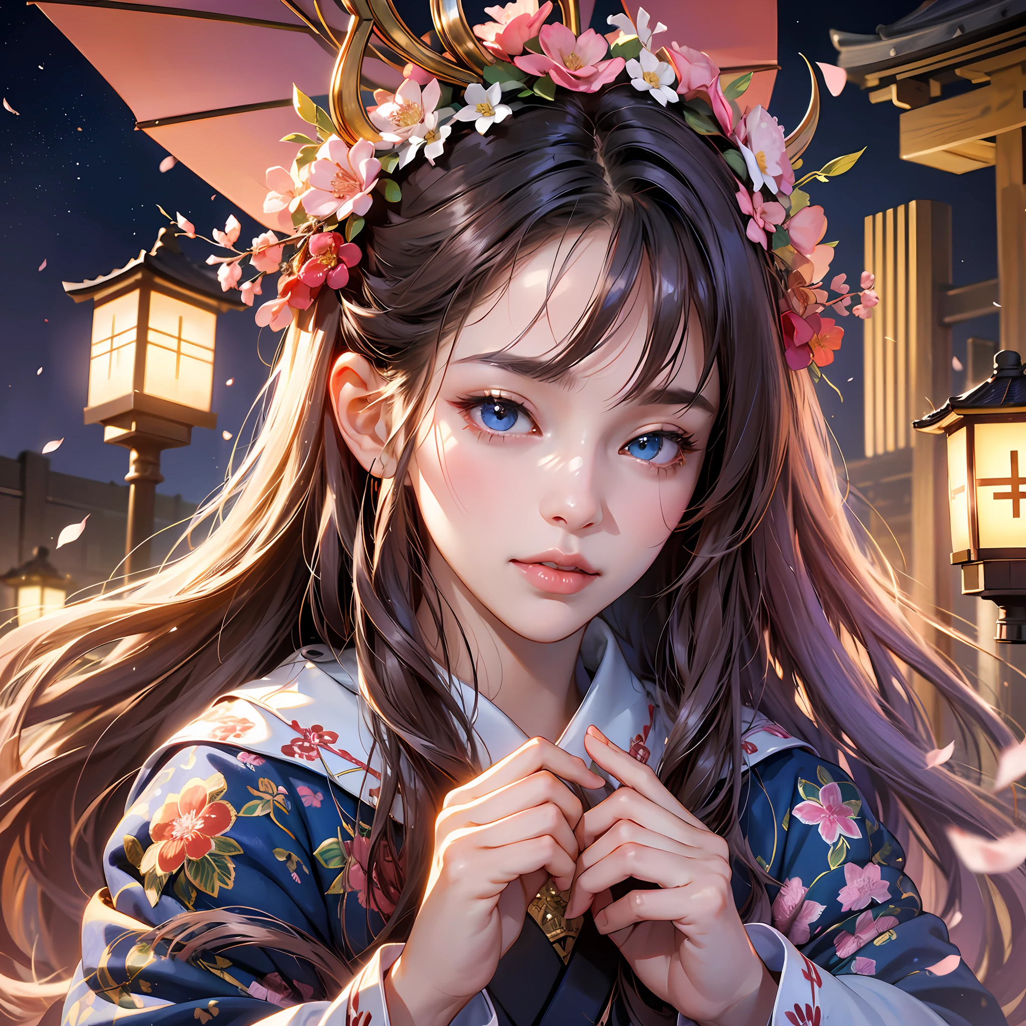 (absurdres, highres, ultra detailed), close-up of face, emphasis on face, focus on face, one woman, mature woman, aged, long straight hair, shiny beautiful hair, blue eyes, bangs, long sleeves, finely drawn eyes and detailed face, eye highlights, hands without breaks, rich lighting, pale pink lips, highly detailed CG unified 8K wallpaper, realistic, smooth skin, intricate details, portrait, gazing, solo, half shot, finely drawn face, soft smile, dynamic pose, classical period, (Ancient Japanese Subject: 1.1), Japan Mythology, Fox Ears, Japanese, Ruler, Blue Kimono, Floral Kimono, Ancient Themes, (Prosperous Civilization: 1.1), Moon in Background, (Immaculate: 1.1) Shrine, Torii Gate, Japanese Landscape, Old City in Background, Fox Mask, Fantastic, Dreamy, Romantic, Light Dancing, Lantern, Austerity, Night, Darkness, Stars, Portrait, Cinematic Lighting, floral hairpiece, having a date, cherry blossom --auto --s2