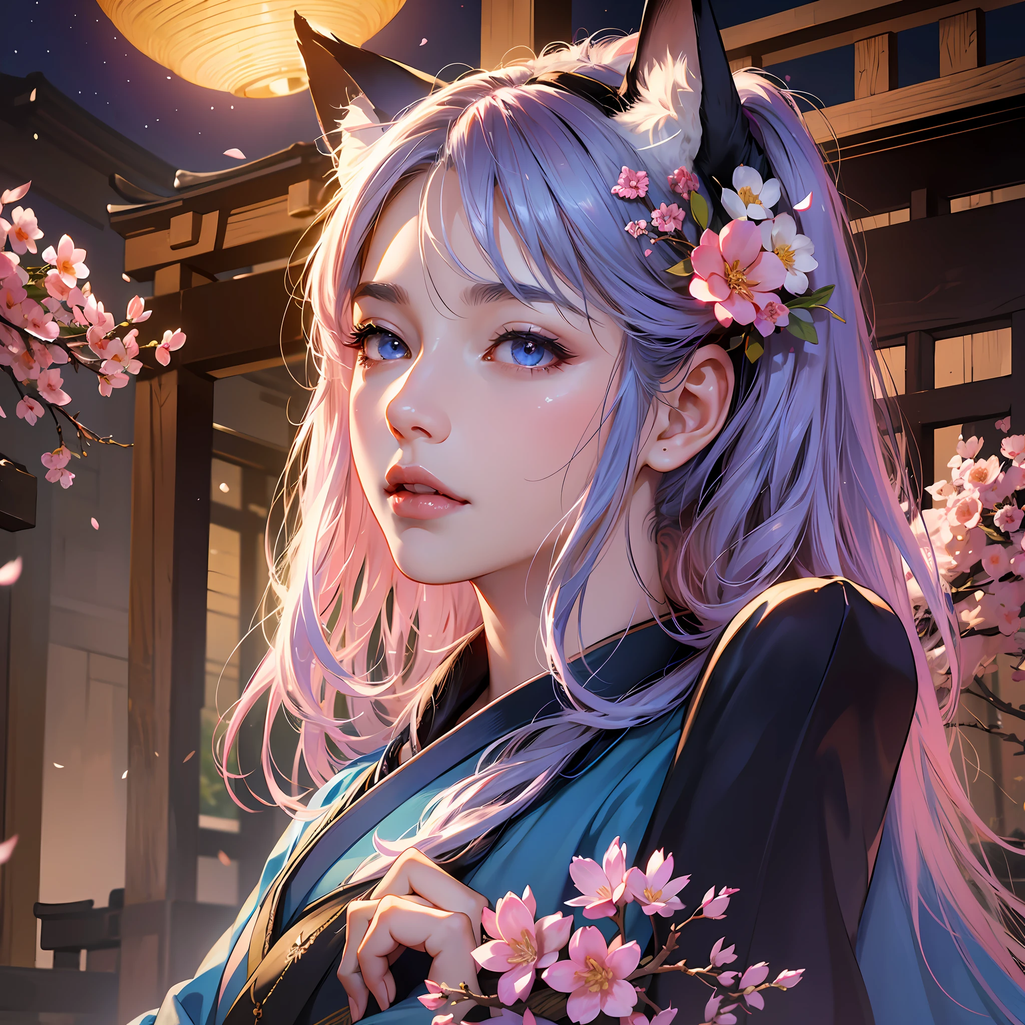 (absurdres, highres, ultra detailed), close-up of face, emphasis on face, focus on face, one woman, mature woman, aged, long straight hair, shiny beautiful hair, blue eyes, bangs, long sleeves, finely drawn eyes and detailed face, eye highlights, hands without breaks, rich lighting, pale pink lips, highly detailed CG unified 8K wallpaper, realistic, smooth skin, intricate details, portrait, gazing, solo, half shot, finely drawn face, soft smile, dynamic pose, classical period, (Ancient Japanese Subject: 1.1), Japan Mythology, Fox Ears, Japanese, Ruler, Blue Kimono, Floral Kimono, Ancient Themes, (Prosperous Civilization: 1.1), Moon in Background, (Immaculate: 1.1) Shrine, Torii Gate, Japanese Landscape, Old City in Background, Fox Mask, Fantastic, Dreamy, Romantic, Light Dancing, Lantern, Austerity, Night, Darkness, Stars, Portrait, Cinematic Lighting, floral hairpiece, having a date, cherry blossom --auto --s2