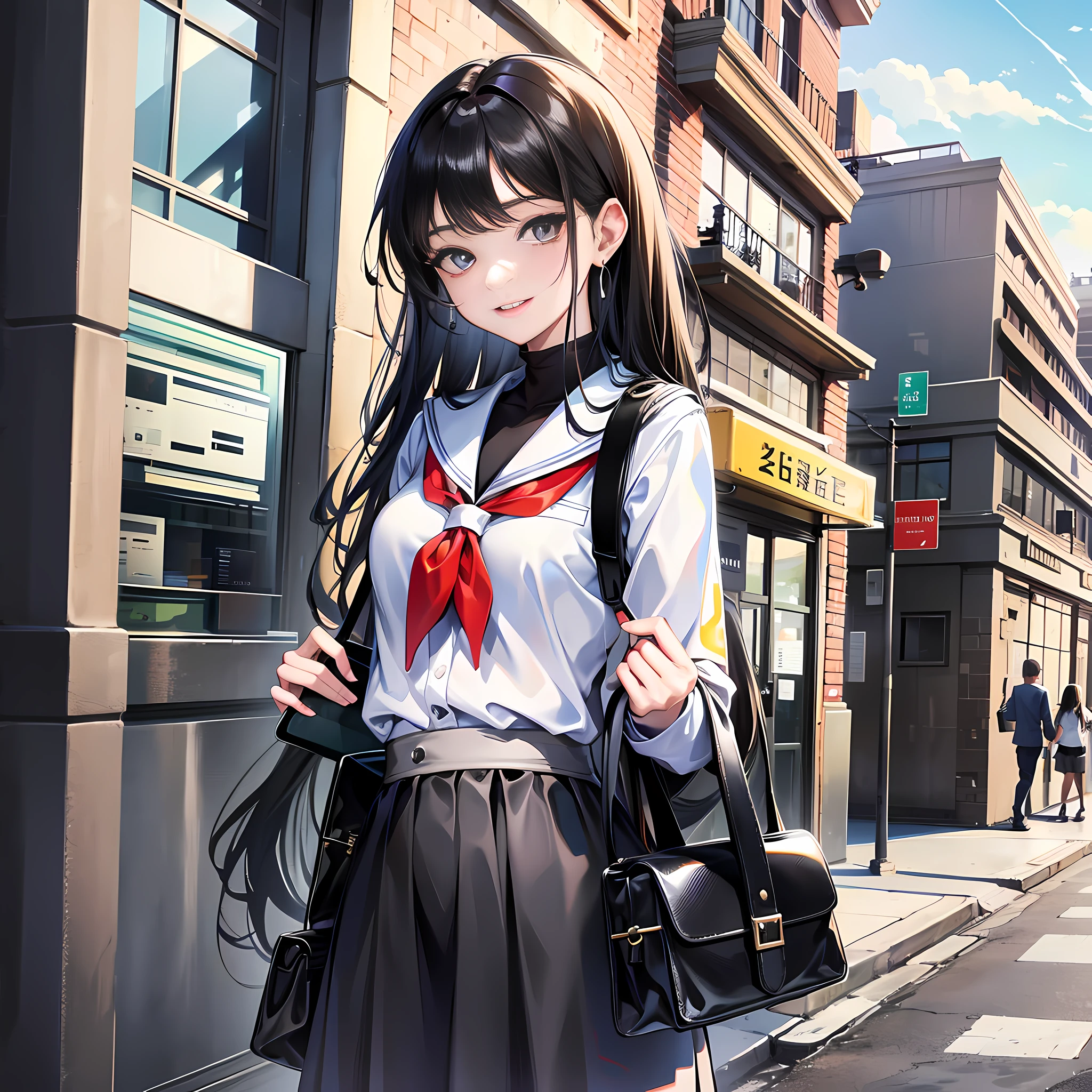 At school, there is a girl with long black hair, a bad smile, bags, super detailed, white, 4k