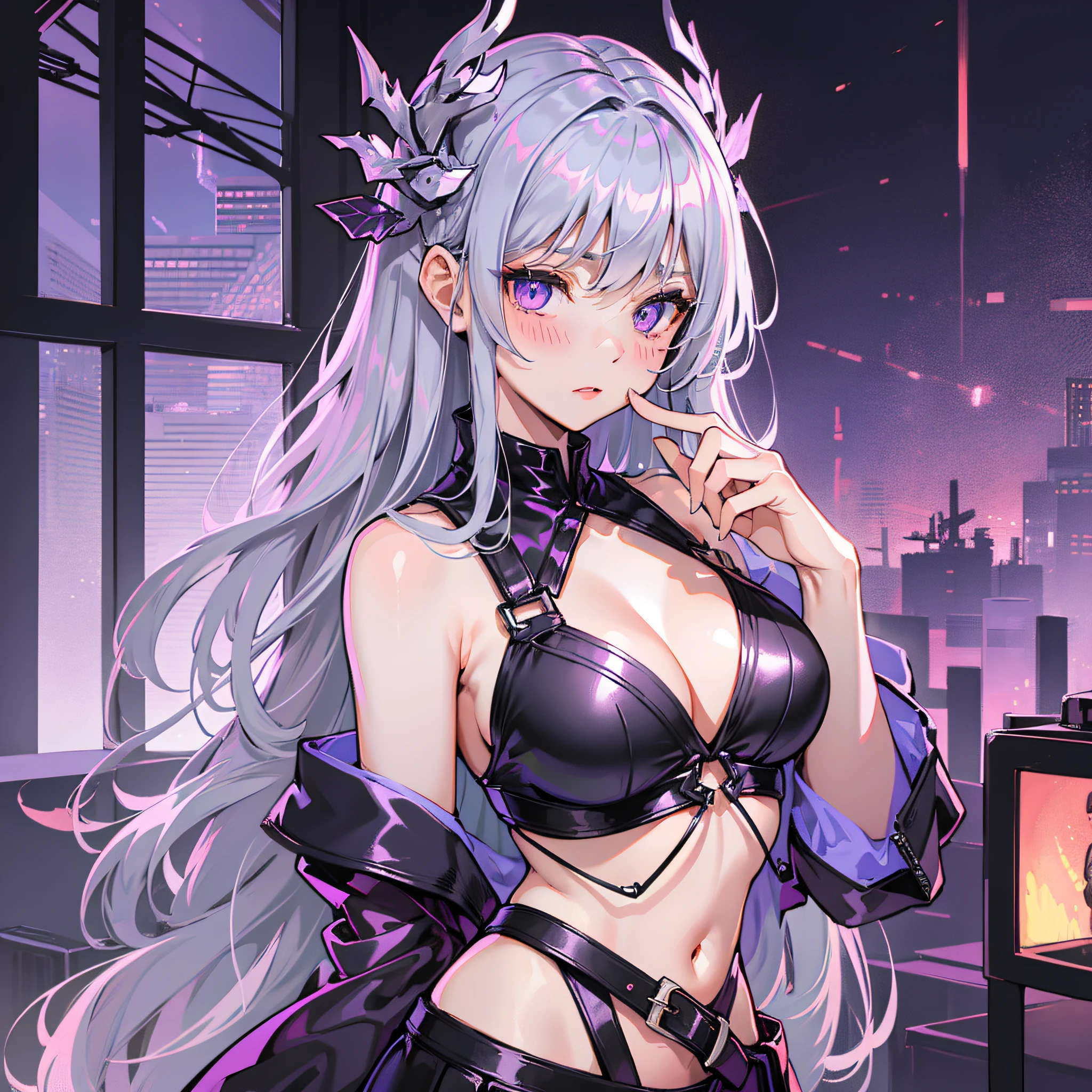 gray hair, semi-long hair, purple eyes, glowing eyes, skirt, blush, night, mature, recovery wizard