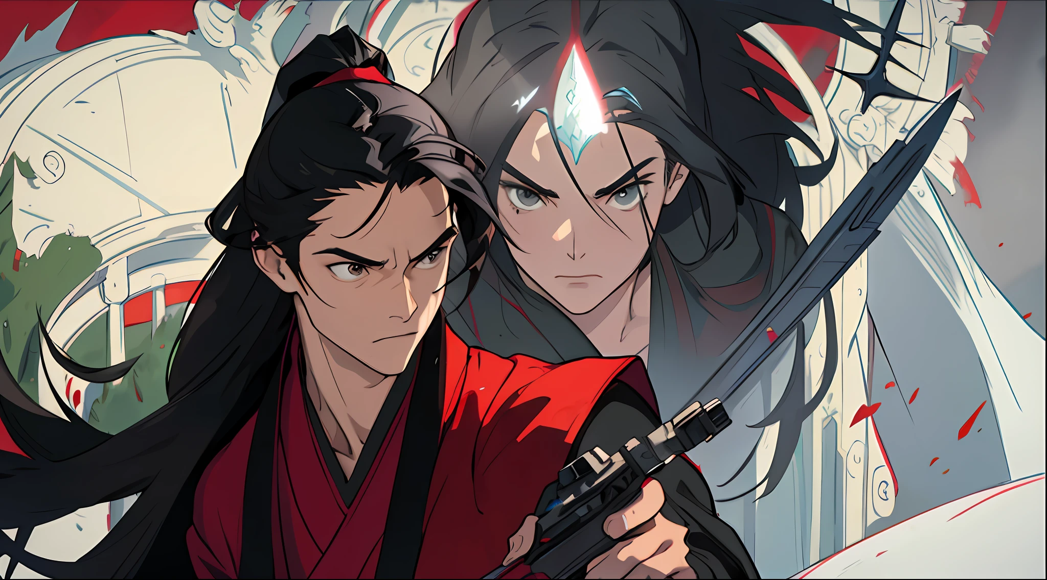 Men, red-robed man with gun, fairy hero, martial arts, long black hair, close-up, three-dimensional facial features, masterpiece, perfect light and shadow,