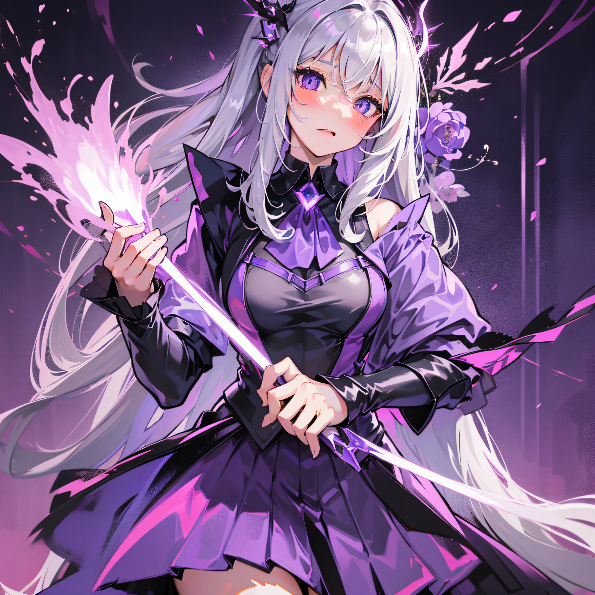 gray hair, semi-long hair, purple eyes, glowing eyes, skirt, blush, night, mature, recovery wizard