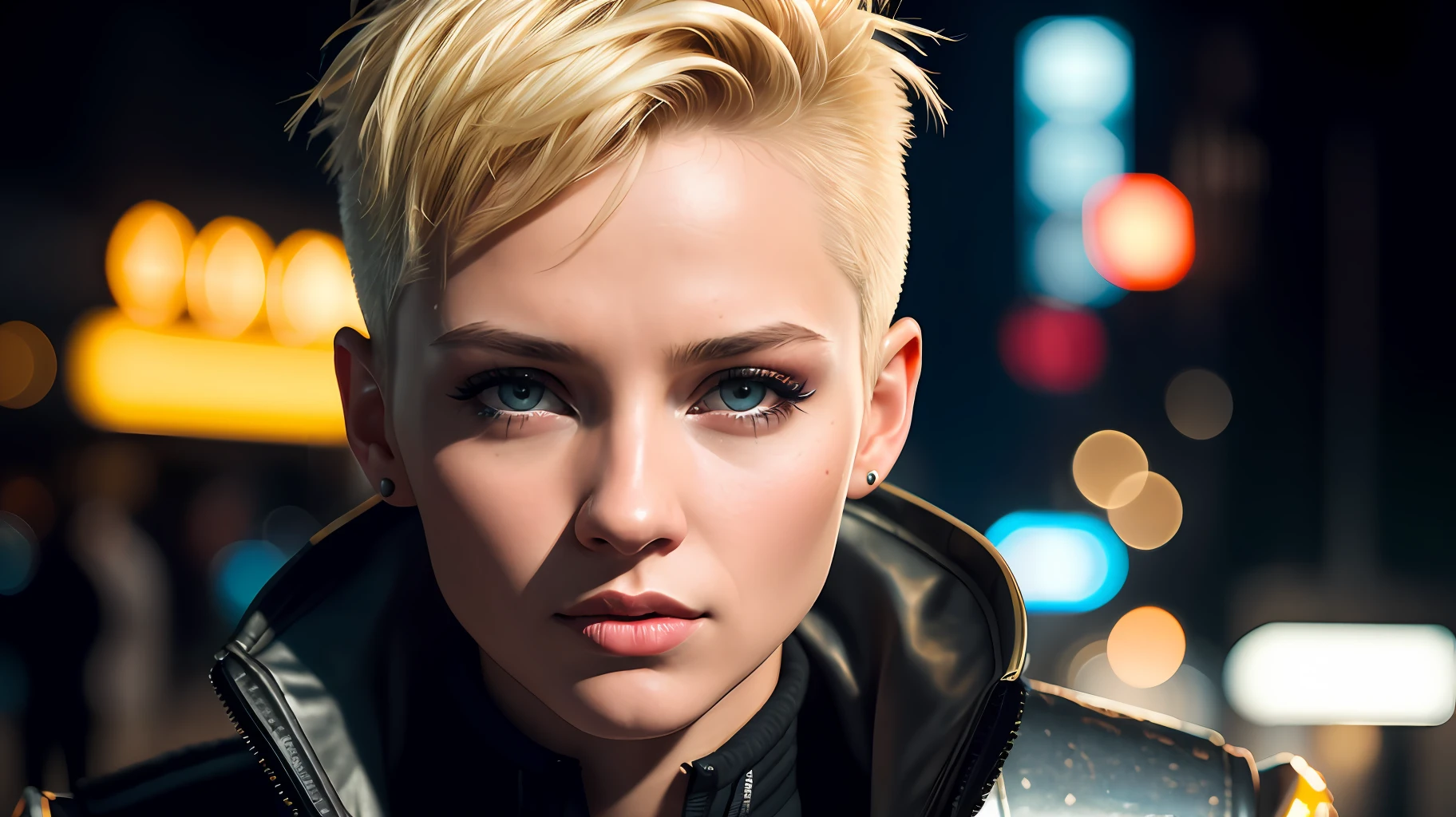 Masterpiece, close-up, a beautiful russian girl, blonde, short side cut hair, punk aesthetic, punk jacket, cyberpunk city bustling with neon signs, cyberpunk aesthetics, very detailed lighting, dramatic, digital art trend in Artstation 8k HD high definition detailed realistic, detailed, skin texture, hyper detailed, realistic skin texture, armor, best quality, ultra high res, (photorealistic: 1.4), High resolution, detailed, Raw photo, Sharp Re, by Lee Jeffries Nikon D850 Film Stock Photography 4 Kodak Portra 400 Camera F1.6 Lens Rich Colors Hyper Realistic Realistic texture Dramatic lighting UnrealEngine trend in ArtStation Cinestill 800