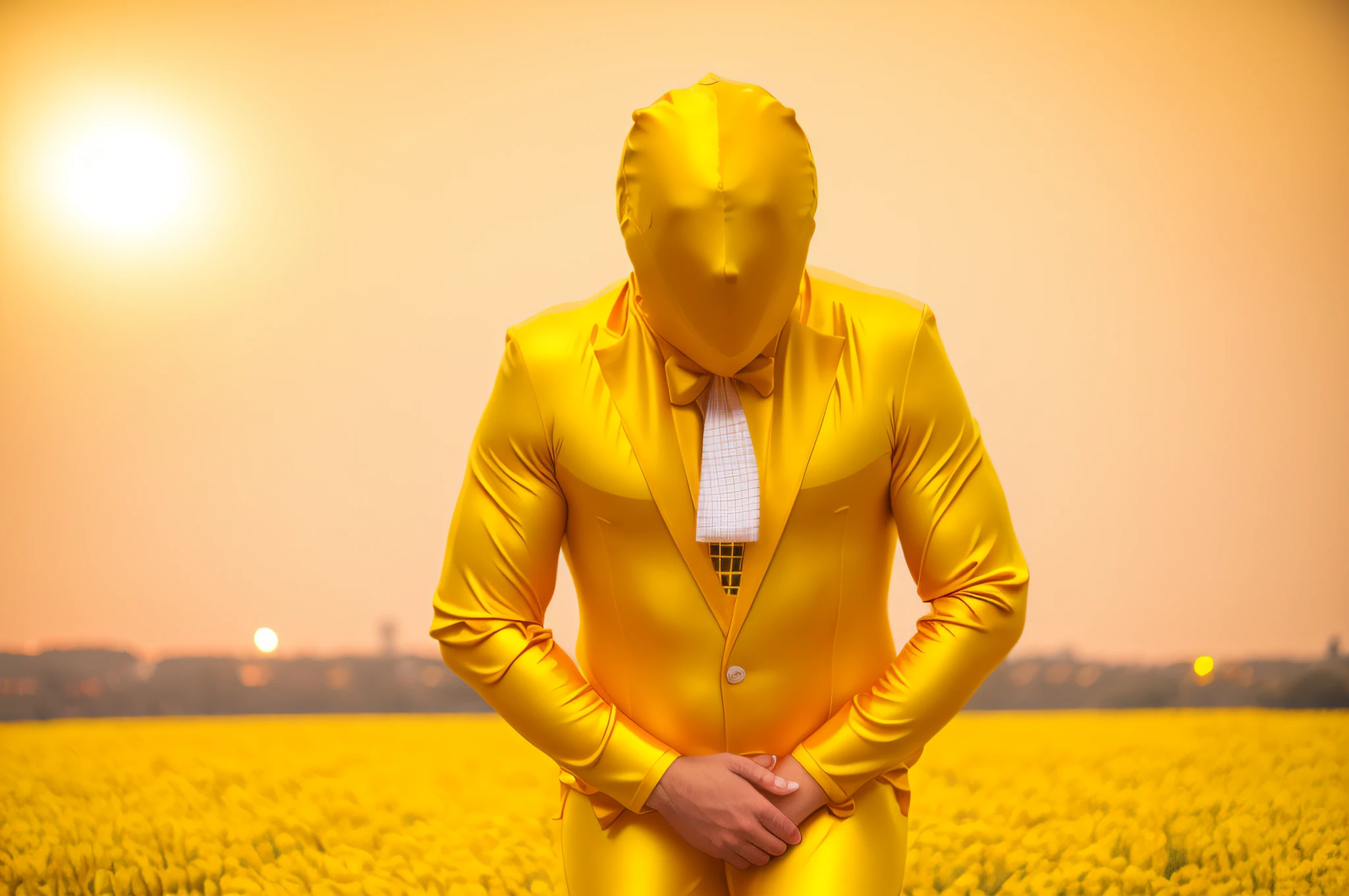 Full body yellow tights, bow, yellow body, zentai suit, full bodysuit, yellow mask
