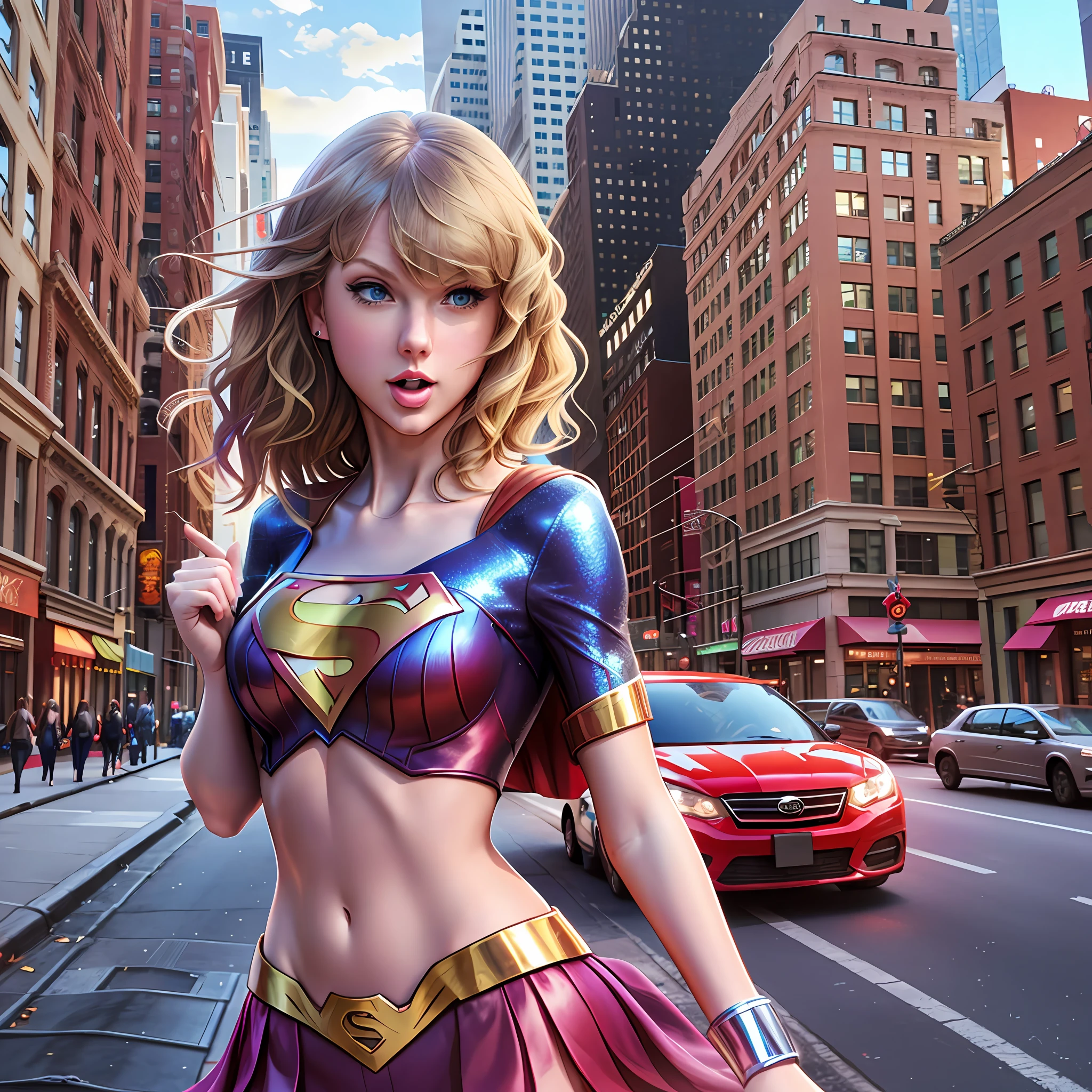 Realistic image of Taylor Swift dressed as a super girl with her hand on her waist on a New York street --auto --s2