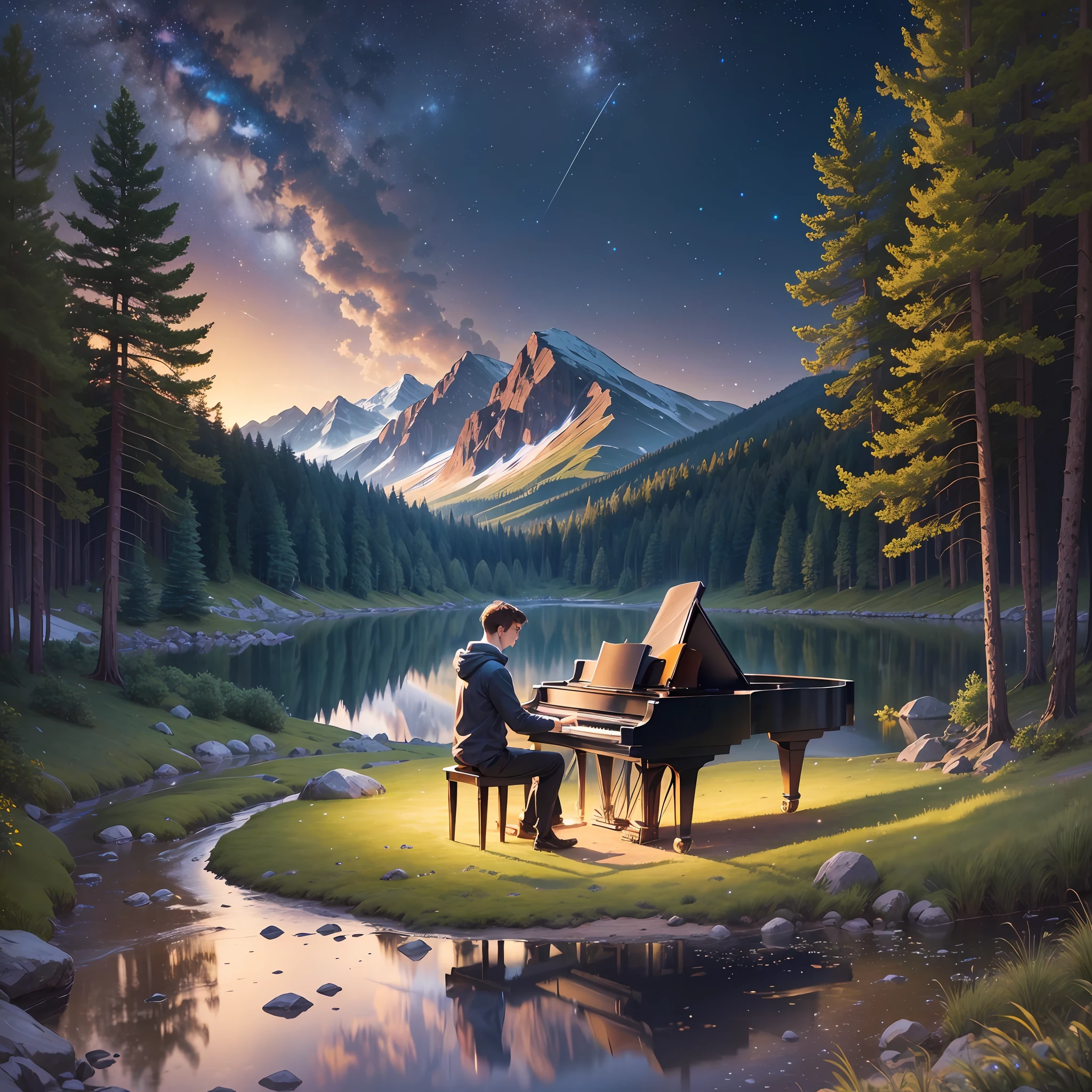 A young man playing the piano at night at the foot of a mountain with a starry sky and richness of detail, reflections, lakes, trees, animals in the forest, the image is slightly angled from the bottom up --auto --s2