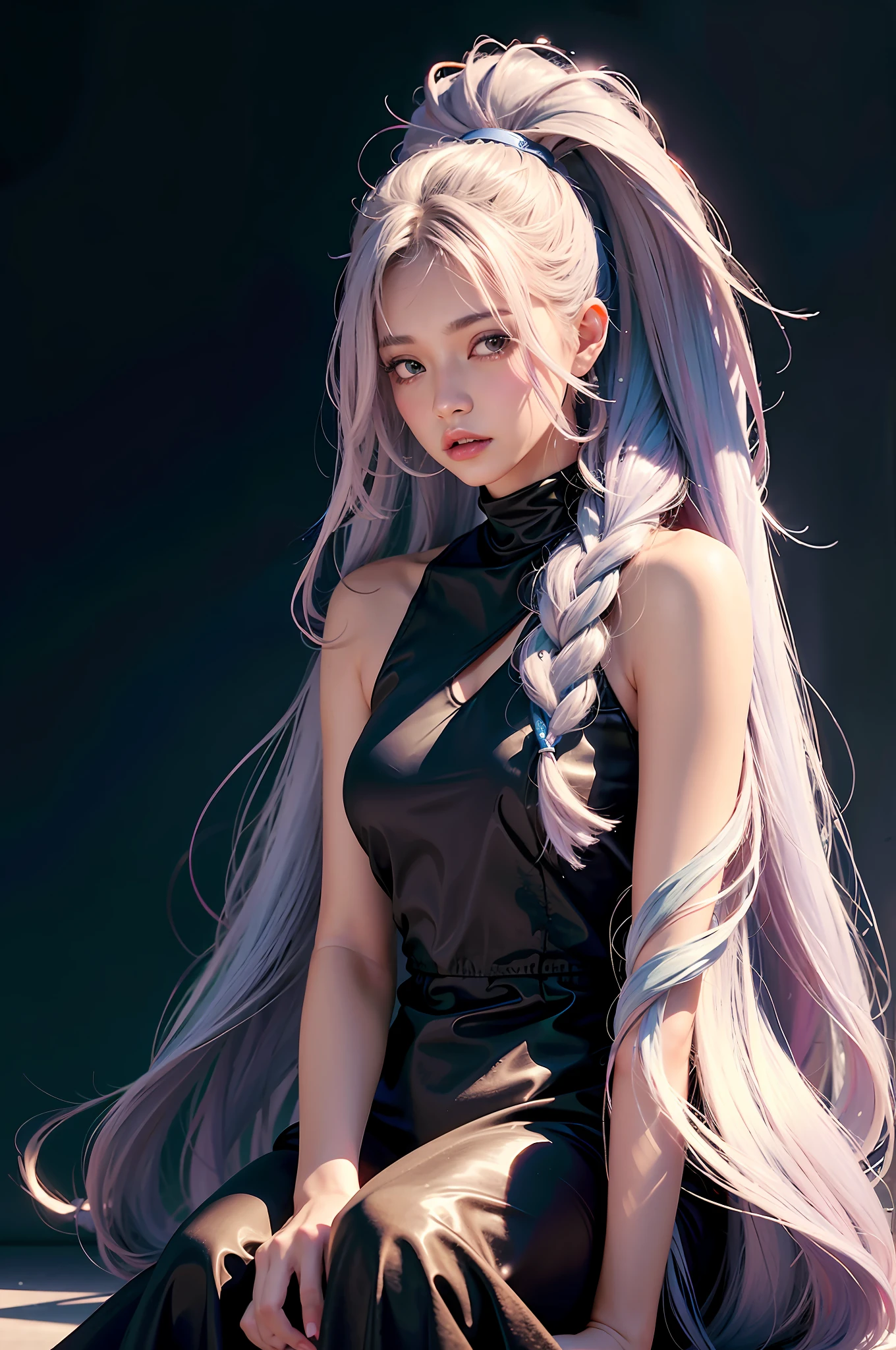 araffe with long hair sitting on a ledge in a black dress, with white long hair, artwork in the style of guweiz, with long white hair, ross tran style, ross tran 8 k, silver hair (ponytail), guweiz, trending on cgstation, anime girl with long hair, inspired by Yanjun Cheng, in the style of ross tran