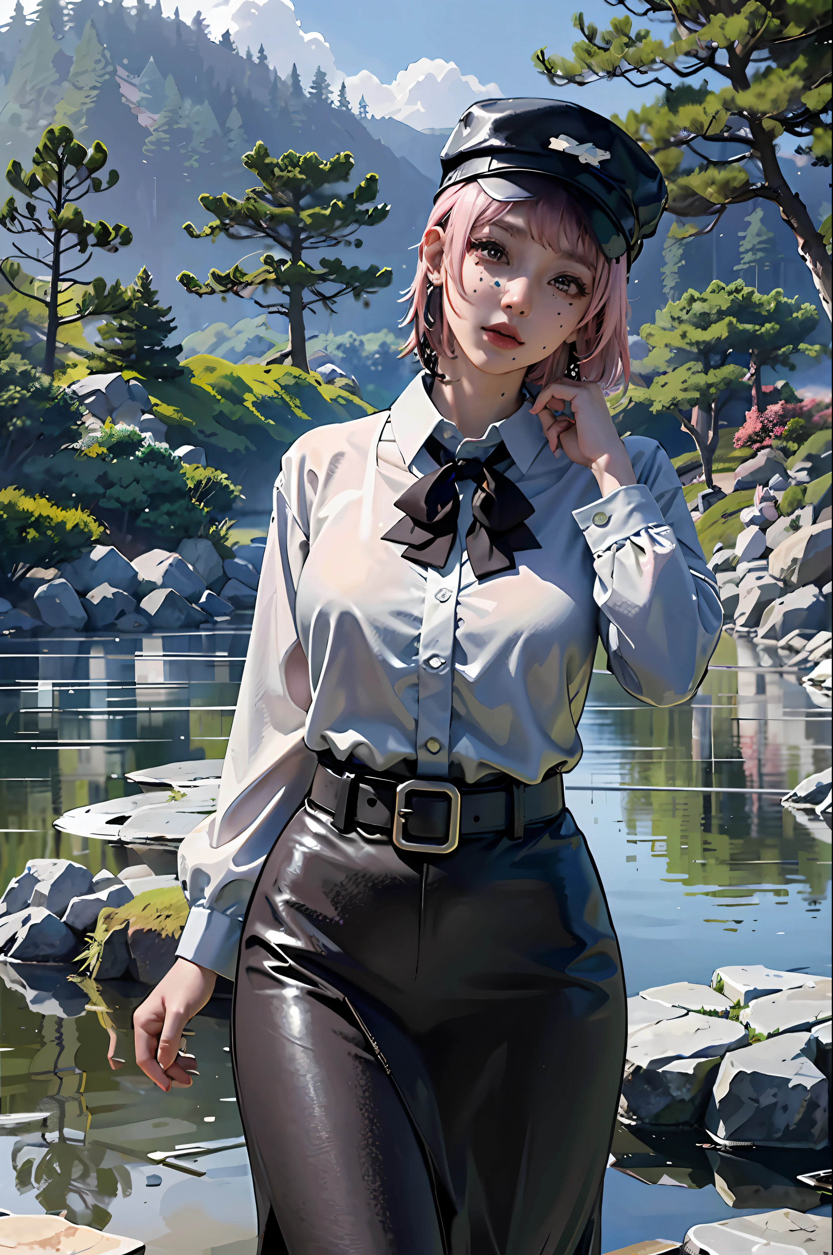 Absurd, high resolution, super detailed, (1 girl:1.3),
break
, fami \ (chainsaw man) with (huge hanging breasts: 2.0) and (huge hips: 1.2), expressionless, mouth closed, looking at the audience, pink hair, black hat, red eyes, school uniform, dress, white shirt, neckband, jewelry, earrings,
break
, creating a traditional Japanese garden scene featuring ponds, stone lanterns and carefully groomed plants and trees.
break
, double exposure, layered images, blended visuals, overlapping compositions, fantastic hallucinations, poetic narratives