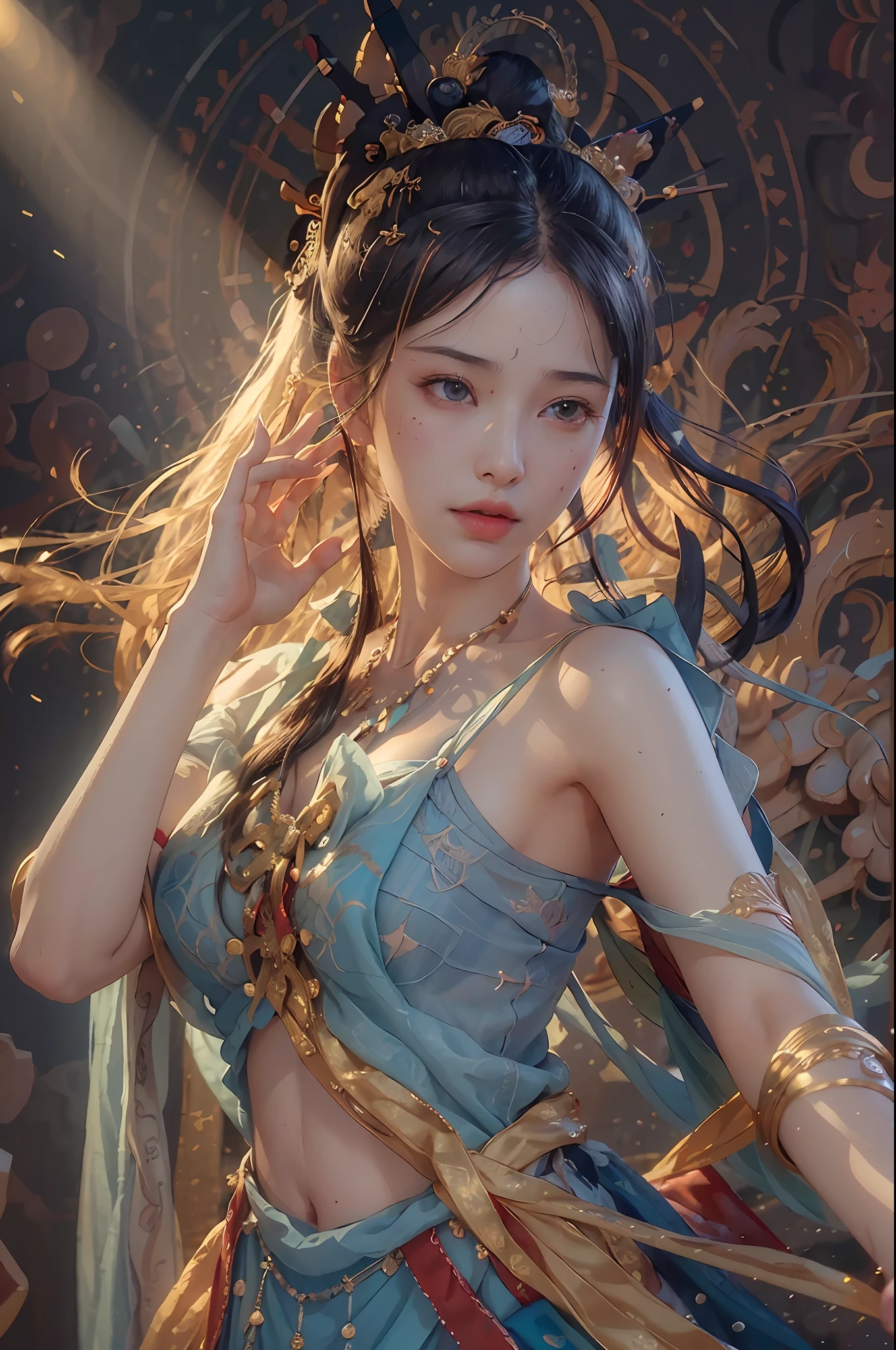 (RAW photo, best quality), (realistic, photo-realistic:1.3),best quality,highly detailed,masterpiece,ultra-detailed,illustration,1girl,upper_body,dynamic angle,world masterpiece theater,messy_long_hair,best quality,extremely detailed CG unity 8k wallpaper,ink,Amazing,cinematic lighting,lens_flare,,dunhuang_style