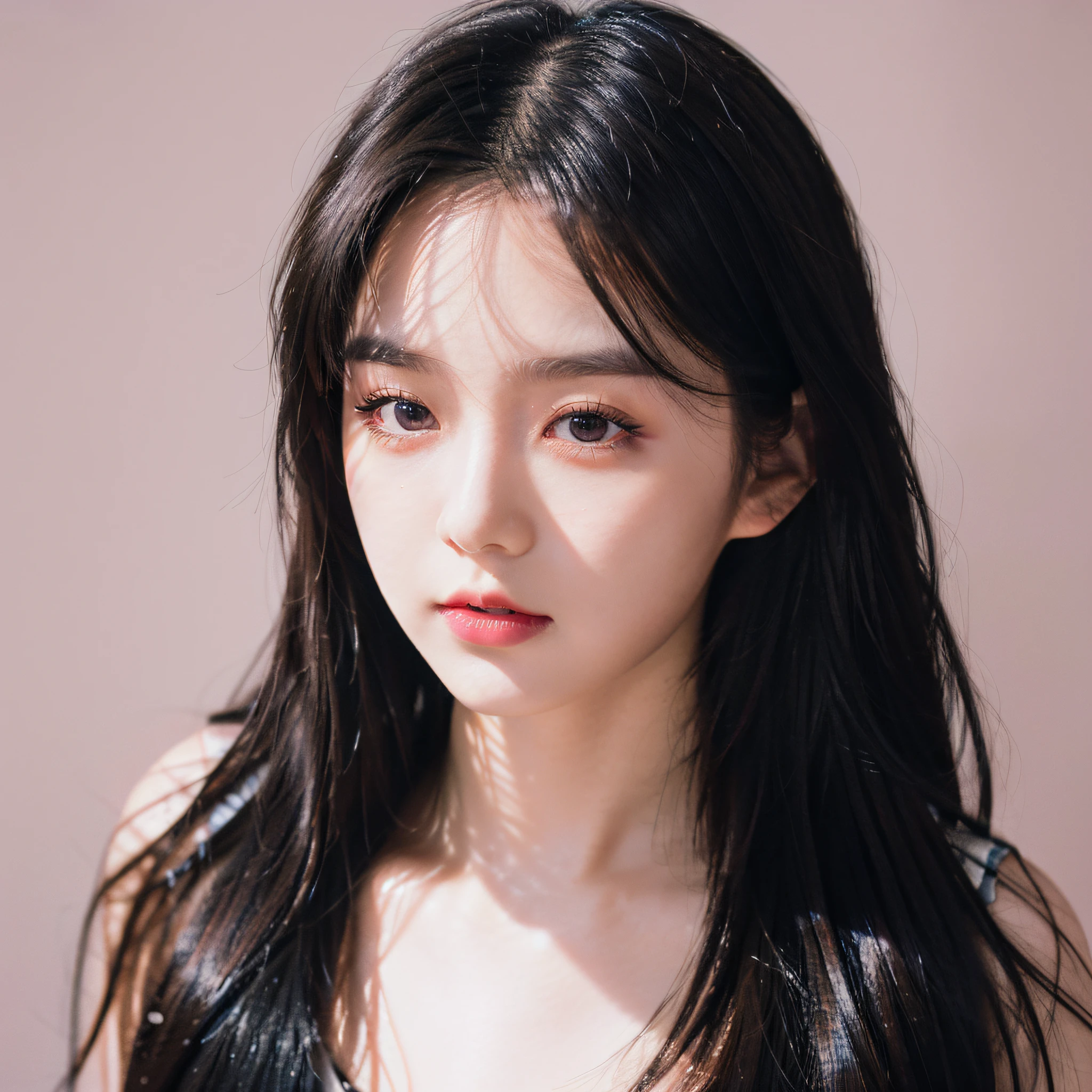 Best Quality, Masterpiece, Ultra High Resolution, (Realistic: 1.4), Original Photo, Wallpaper, Bust Photo, Skin, Simple Background, Black Eyes, Detail, 1 Girl, , Breeze, Emotional Face, Studio Light, Make Up Portrait, Pink eyeshadows, Red lips