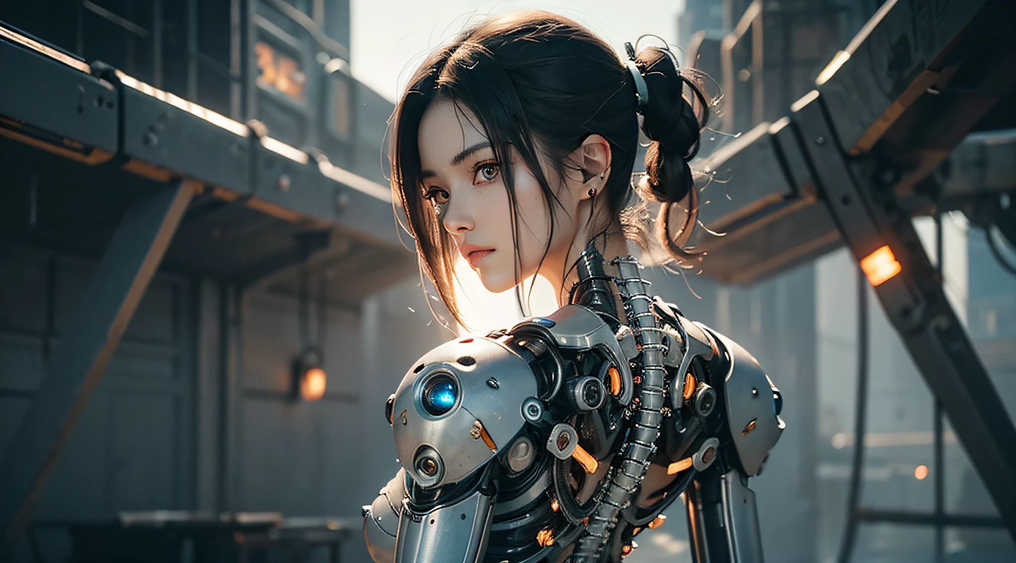 A cute mechanical cyberpunk Battle Angel Alita, translucent lacework mechanical limbs and body, blood vessels connected to tubes,mechanical vertebra attaching to back, mechanical cervical attaching to neck, wires and cables connecting to head, realistic details, shadows, octane render, 8k, ultra hyperdetailed, highly intricate details, realistic light, trending on cgsociety, big eyes, neon details, depth of field f/2.8