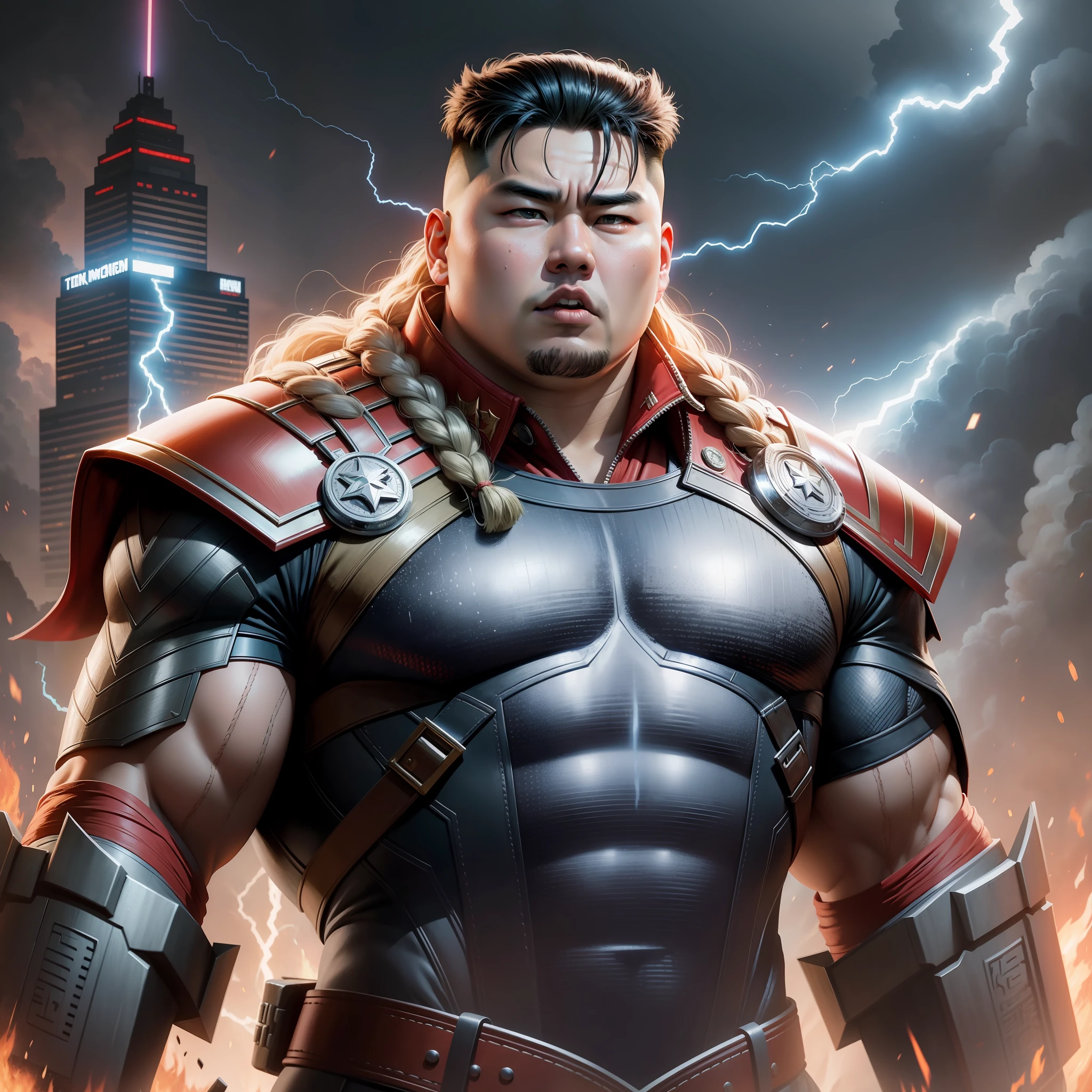 Kim Jong Un as Thor, Marvel, MCU, Thor's hammer, lightning, action movie poster