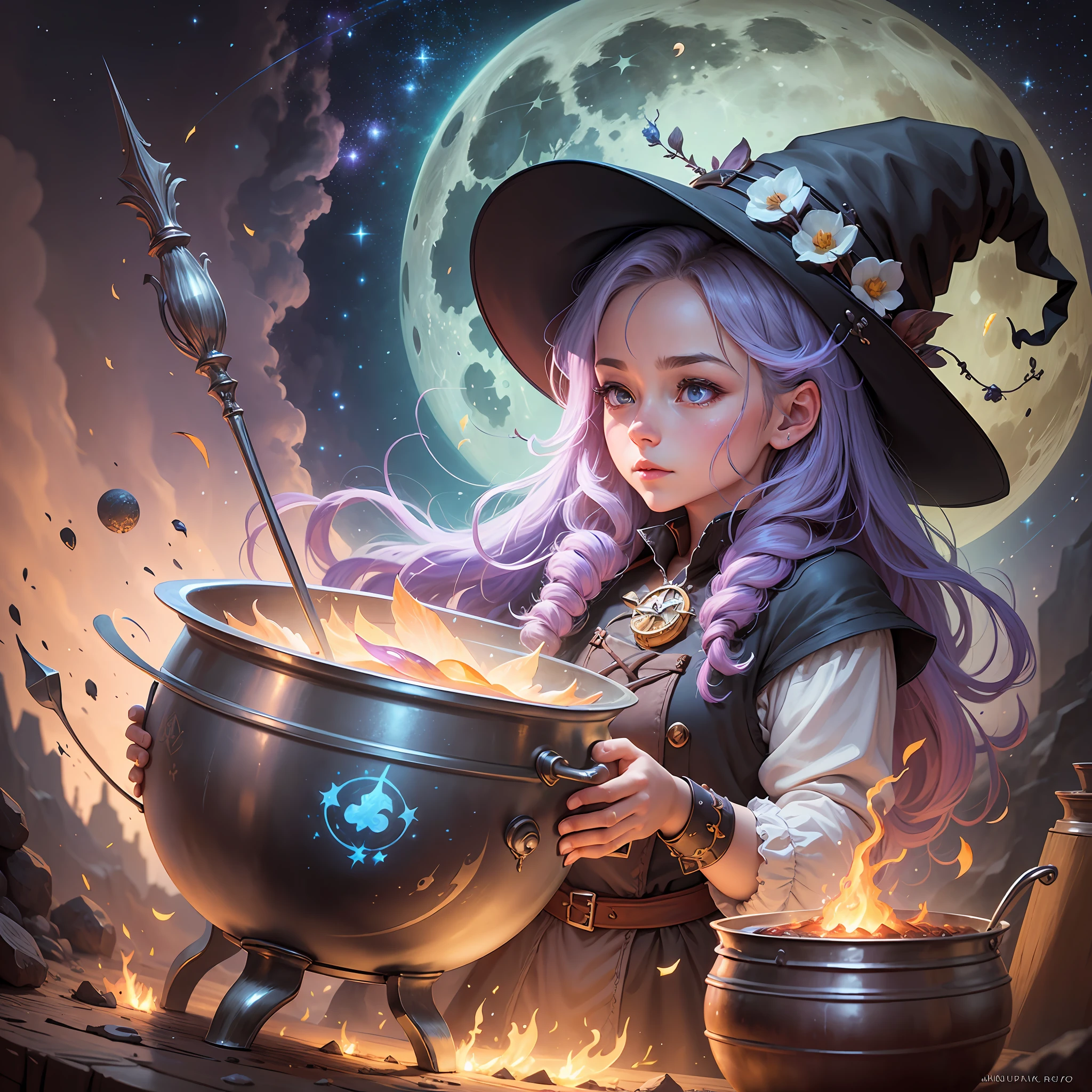 A painting of a little witch cooking spells in a magical cauldron, clouds, moon, stars in the background, fantasy, highly detailed digital art in 4K, high quality detailed art in 8k, in the style of Cyril Rolando, detailed fantasy digital art, epic fantasy science fiction illustration, amazing wallpaper, inspired by Gaston Bussiere --auto --s2