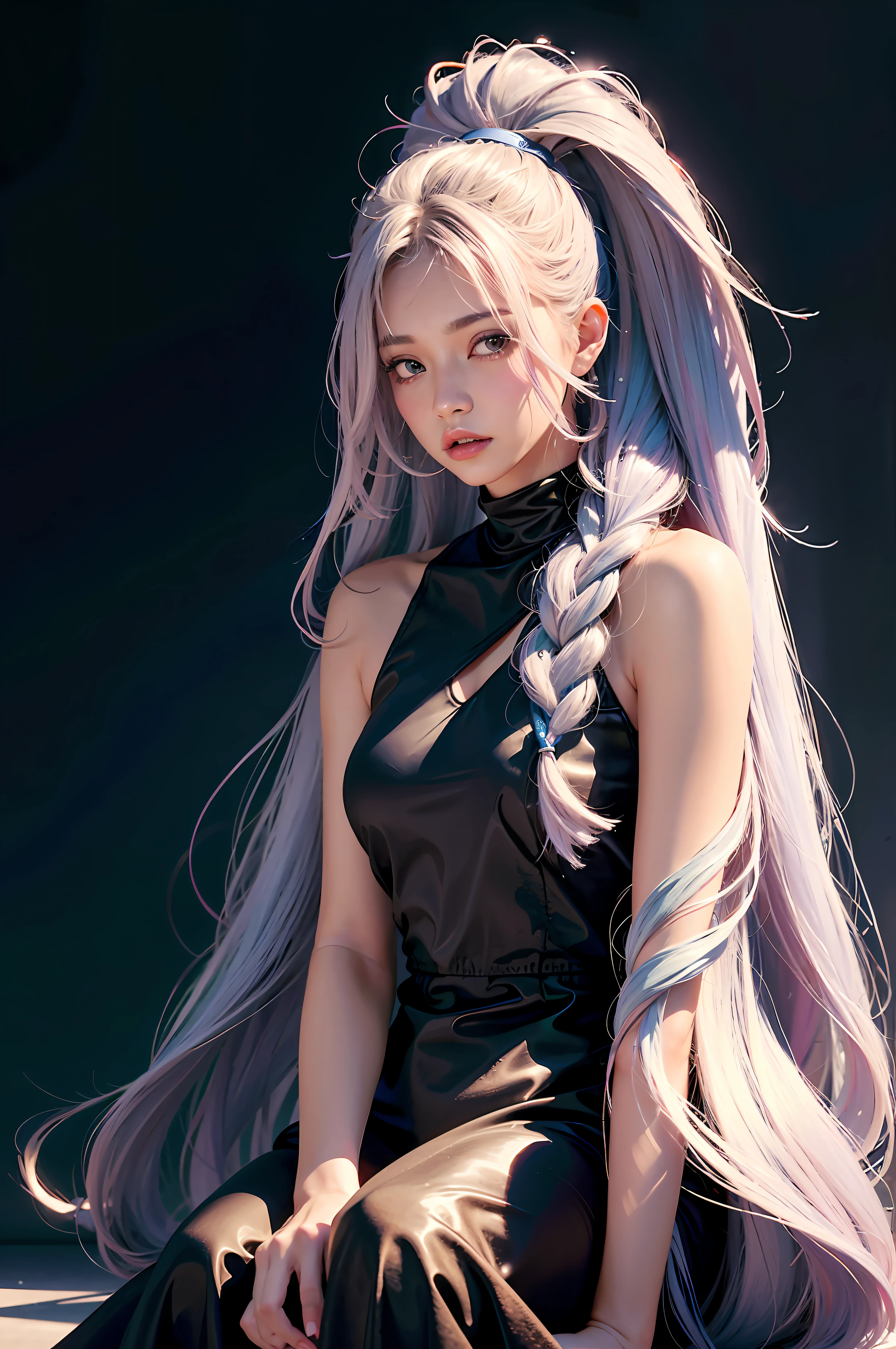 araffe with long hair sitting on a ledge in a black dress, with white long hair, artwork in the style of guweiz, with long white hair, ross tran style, ross tran 8 k, silver hair (ponytail), guweiz, trending on cgstation, anime girl with long hair, inspired by Yanjun Cheng, in the style of ross tran