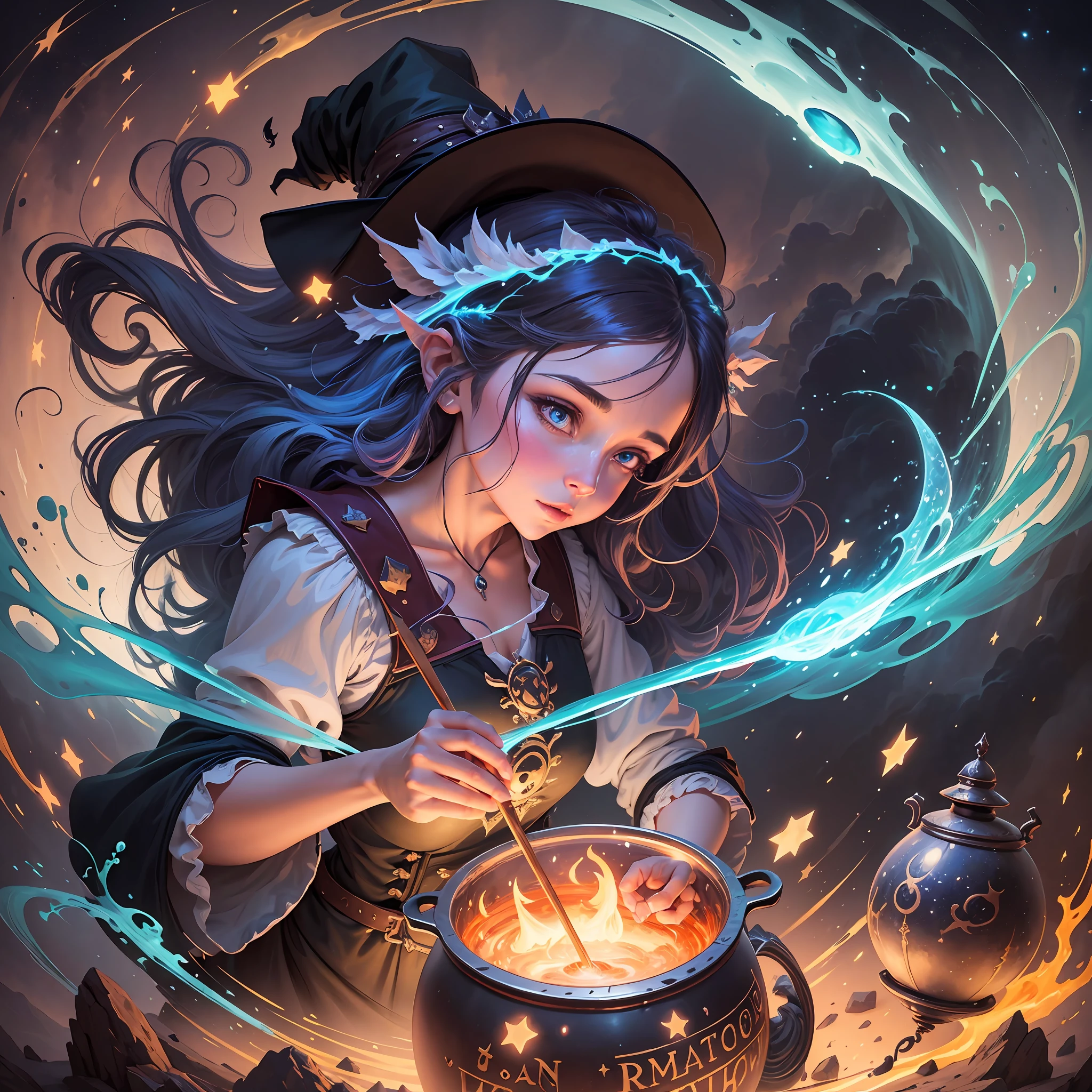 A painting of a little witch cooking spells in a magical cauldron, clouds, moon, stars in the background, fantasy, highly detailed digital art in 4K, high quality detailed art in 8k, in the style of Cyril Rolando, detailed fantasy digital art, epic fantasy science fiction illustration, amazing wallpaper, inspired by Gaston Bussiere --auto --s2