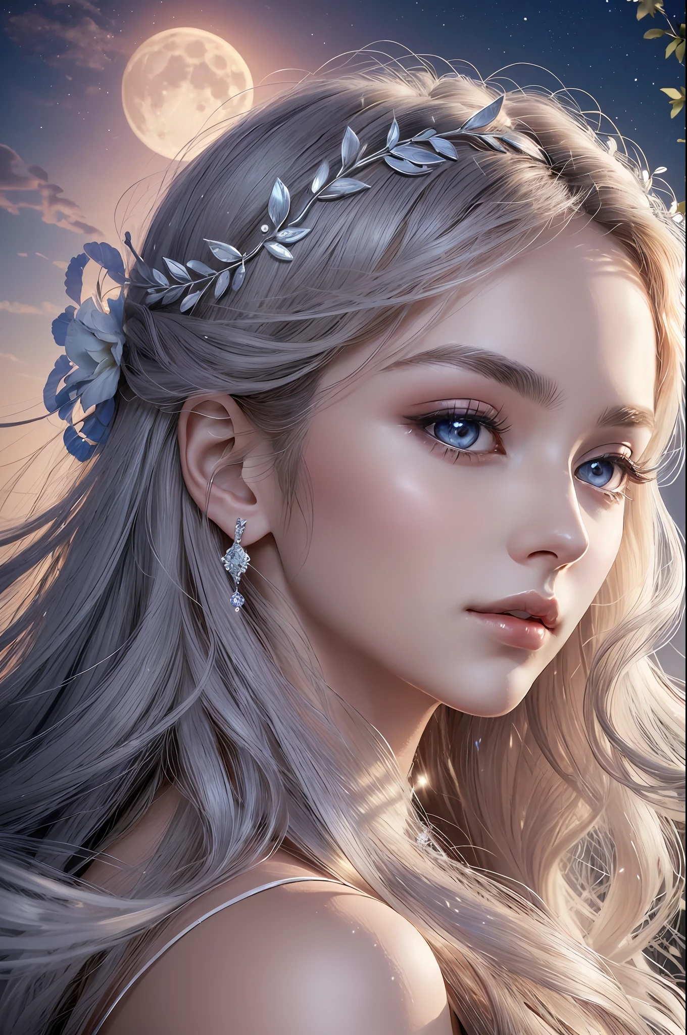 Absurd, ultra-detailed, high quality, masterpiece, detailed face, beautiful eyes, Artemis, the goddess of the hunt and the moon, possesses a beauty that is both wild and ethereal, Artemis has eyes that shimmer like the silver glow of moonlight on a calm night. Her gaze is keen and piercing, Her face is characterized by a sense of timeless beauty, with delicate yet. Her high cheekbones and well-defined jawline lend an air of elegance, while her skin carries a luminous, pale radiance akin. Artemis’ hair flows freely, unrestrained by convention. It cascades in waves or curls. It can be the color of moonlit silver. Artemis’ beauty is not defined by societal standards