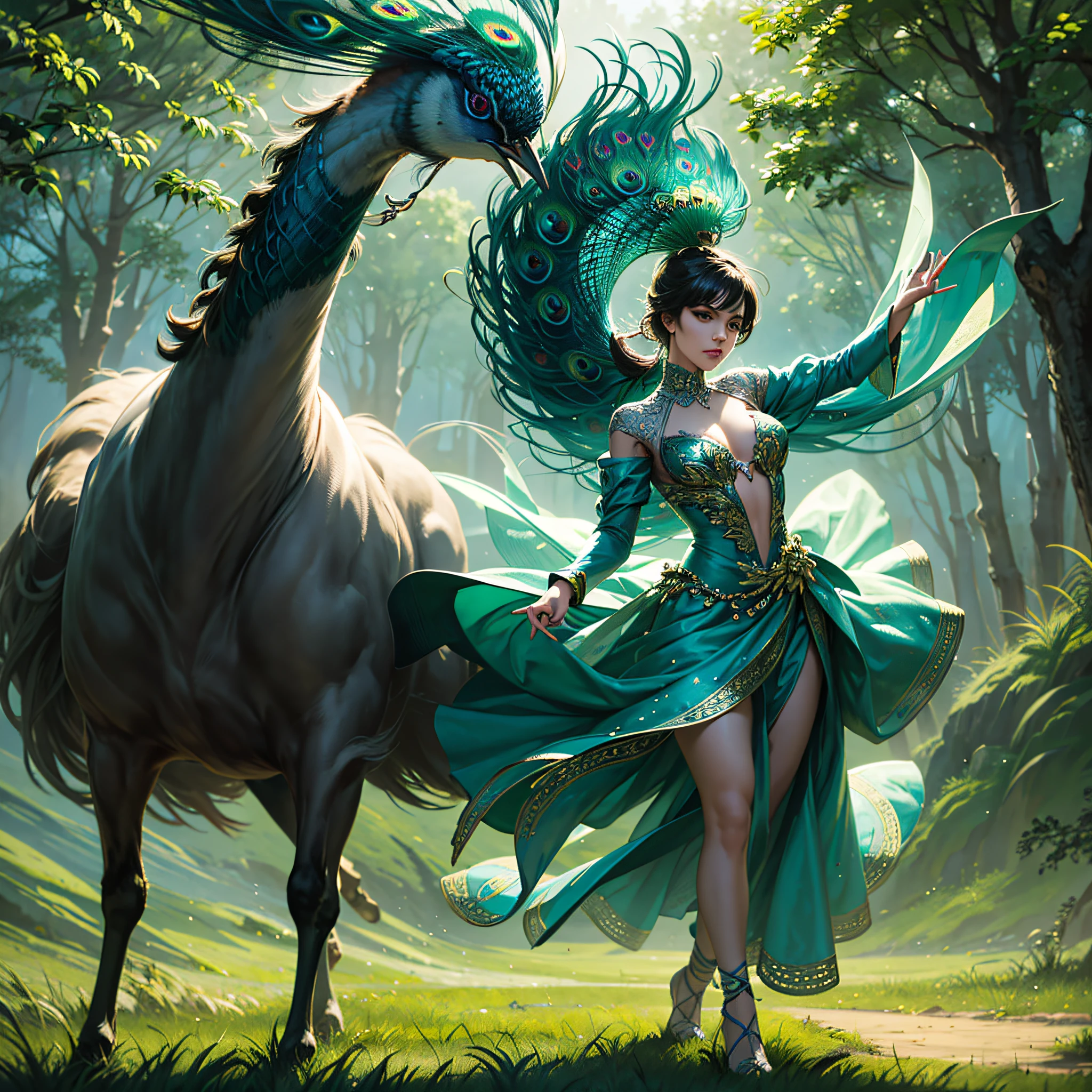 The Dance of the Peacock, misty pastoral background, intense interplay of light and shadows, fast shutter speed, dynamic action and movement -variation --auto --s2