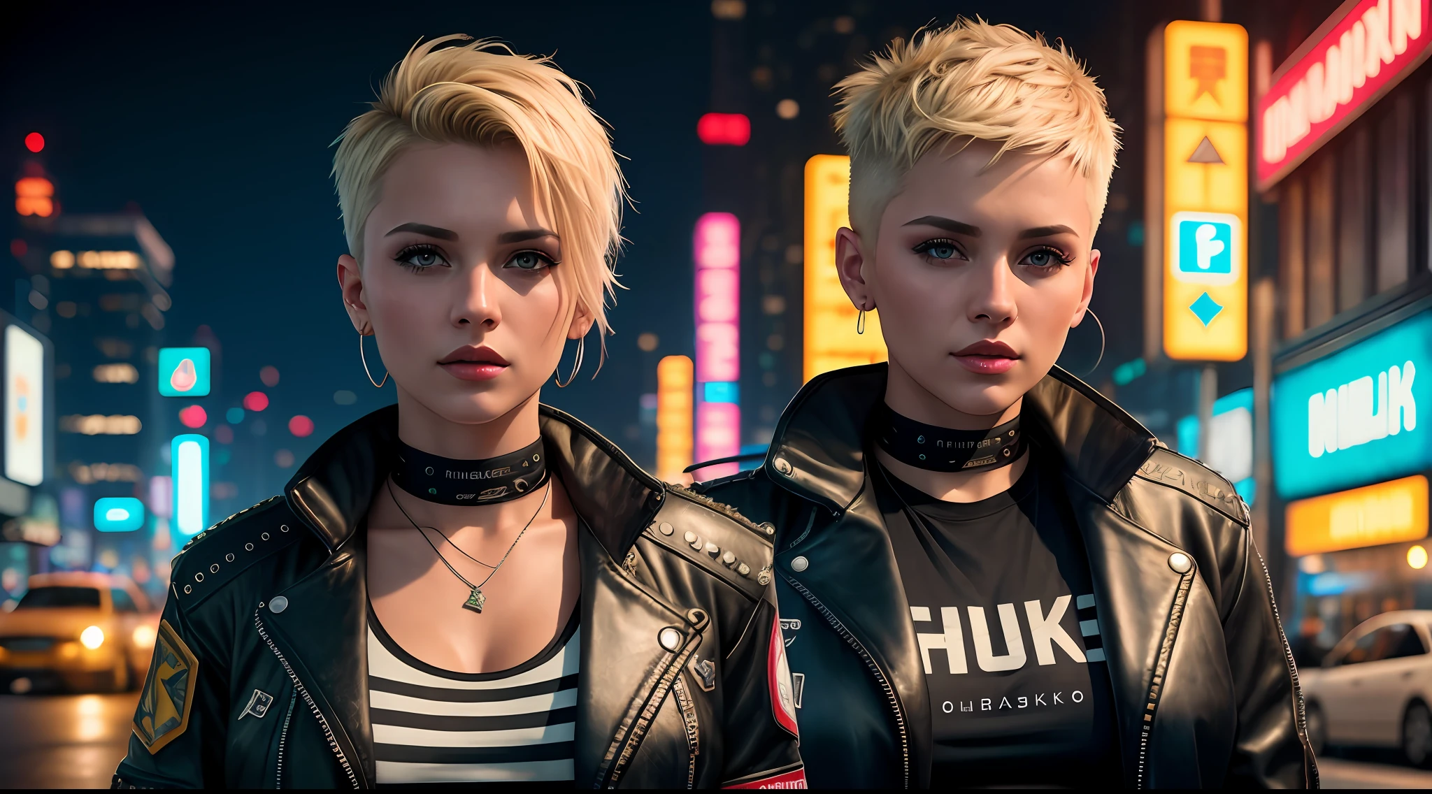 Masterpiece, beautiful russian girl, blonde, short side cut hair, punk aesthetic, punk jacket, cyberpunk city bustling with neon signs, cyberpunk aesthetics, very detailed lighting, dramatic, digital art trend in Artstation 8k HD high definition detailed realistic, detailed, skin texture, hyper detailed, realistic skin texture, armor, best quality, ultra high res, (photorealistic: 1.4), High Resolution, Detailed, Raw Photo, Sharp Re, by Lee Jeffries Nikon D850 Film Stock Photography 4 Kodak Portra 400 Camera F1.6 Lens Rich Colors Hyper Realistic Realistic texture Dramatic lighting UnrealEngine trend in ArtStation Cinestill 800