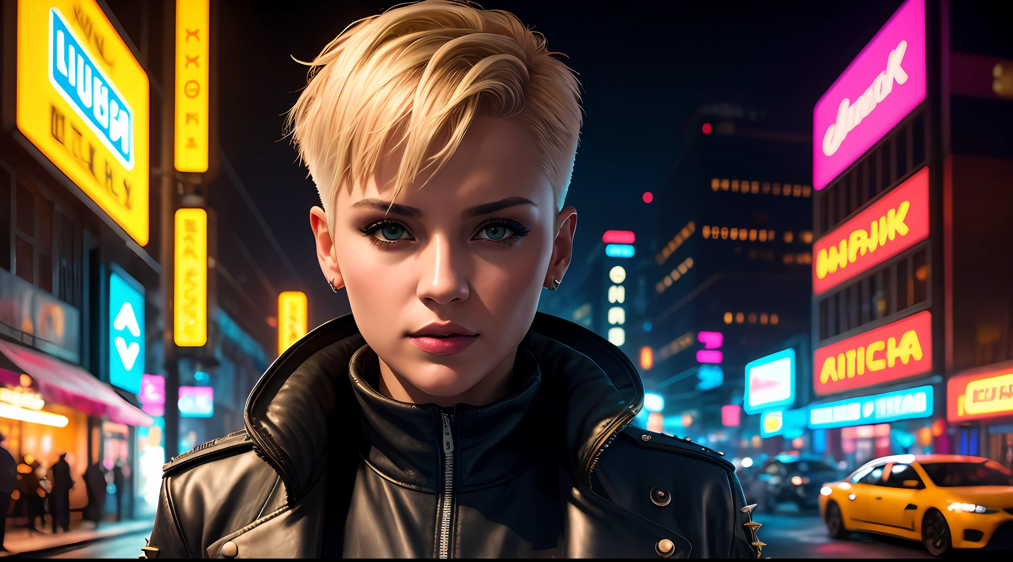 Masterpiece, beautiful russian girl, blonde, short side cut hair, punk aesthetic, punk jacket, cyberpunk city bustling with neon signs, cyberpunk aesthetics, very detailed lighting, dramatic, digital art trend in Artstation 8k HD high definition detailed realistic, detailed, skin texture, hyper detailed, realistic skin texture, armor, best quality, ultra high res, (photorealistic: 1.4), High Resolution, Detailed, Raw Photo, Sharp Re, by Lee Jeffries Nikon D850 Film Stock Photography 4 Kodak Portra 400 Camera F1.6 Lens Rich Colors Hyper Realistic Realistic texture Dramatic lighting UnrealEngine trend in ArtStation Cinestill 800