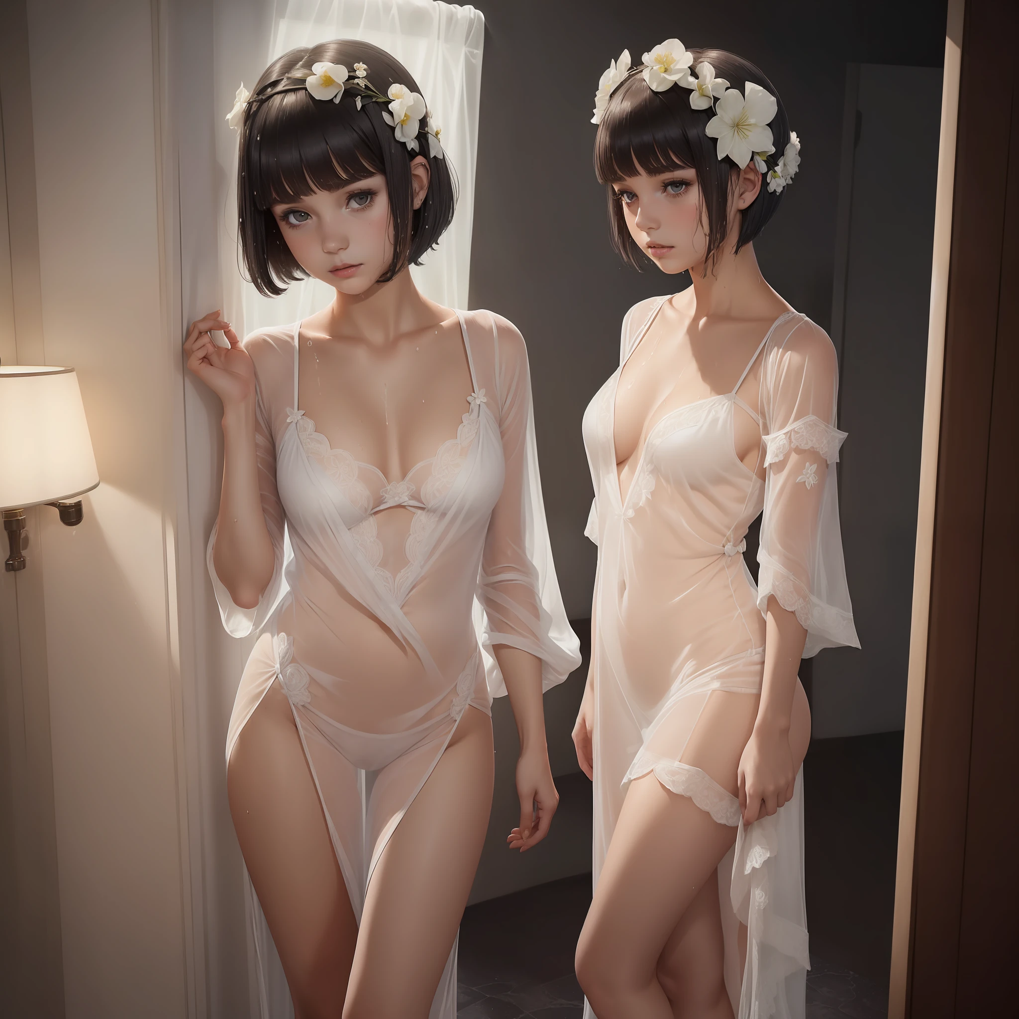 ((((1girl))), (((solo))), Caucasian white girl, 20 years old, black bobcut hair with a flower in her hair, dressed in a see-through nughtgown, she is not wearing underwear under the nightgown, in a room, night, she's standing, she's wet