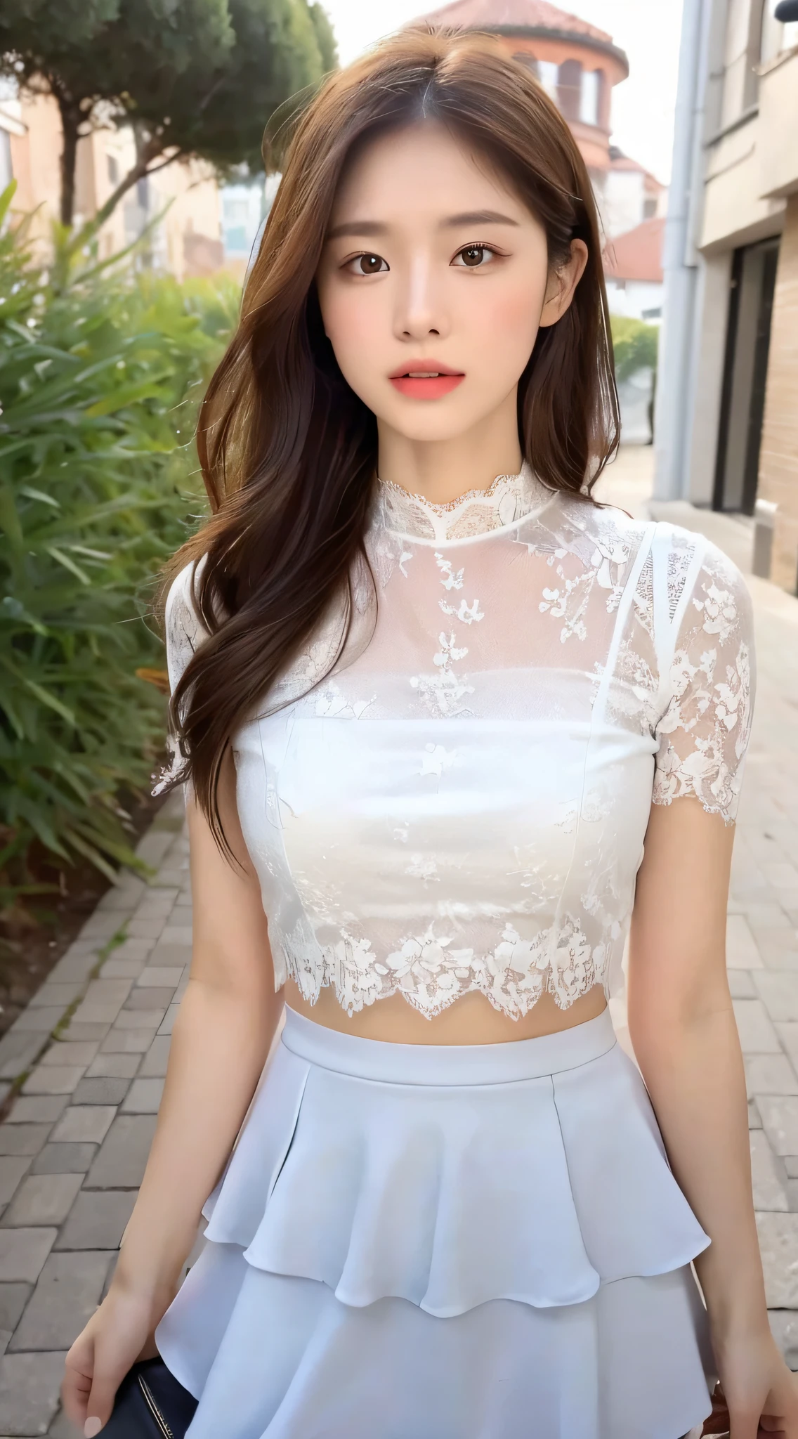 ((Best Quality, 8K, Masterpiece: 1.3)), (Lace Top with Skirt: 1.3), Focus: 1.2, Perfect Body Beauty: 1.4, Buttocks: 1.2, (Layered Haircut: 1.2)), (Dark Street: 1.3), Highly Detailed Face and Skin Texture, Full Body, Fine Eyes, Double Eyelids, Whitened Skin, Long Brown Hair, (Round Face: 1.5), (: 1.6)