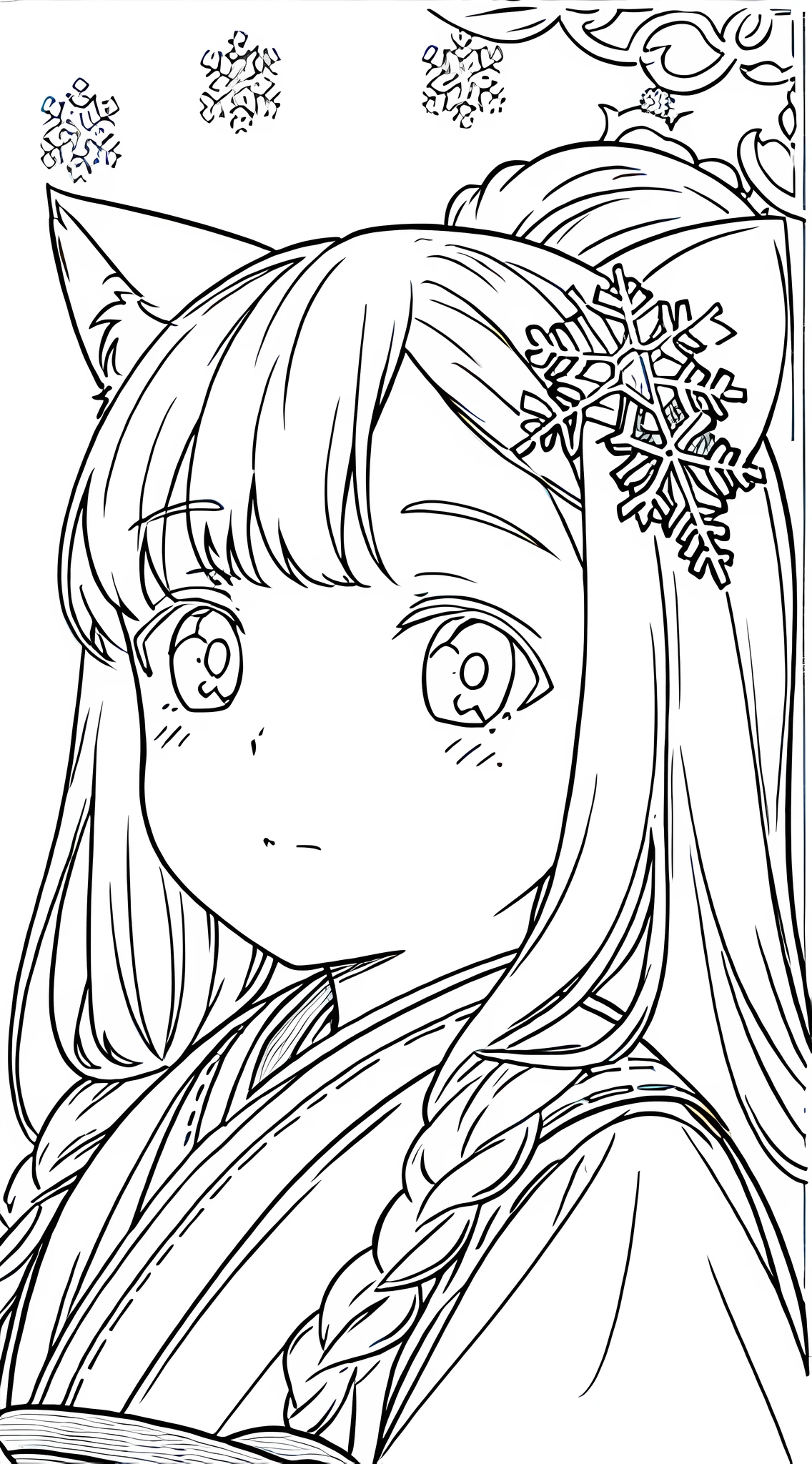 Detail face, ((Perfect detail)), Cold light, ((Data in eyes)), ((Data dotting hair)),, Line drawing, Monochrome, Line drawing cute cat ears, head close-up, hexagonal snowflake, white hair, Hanfu, white background