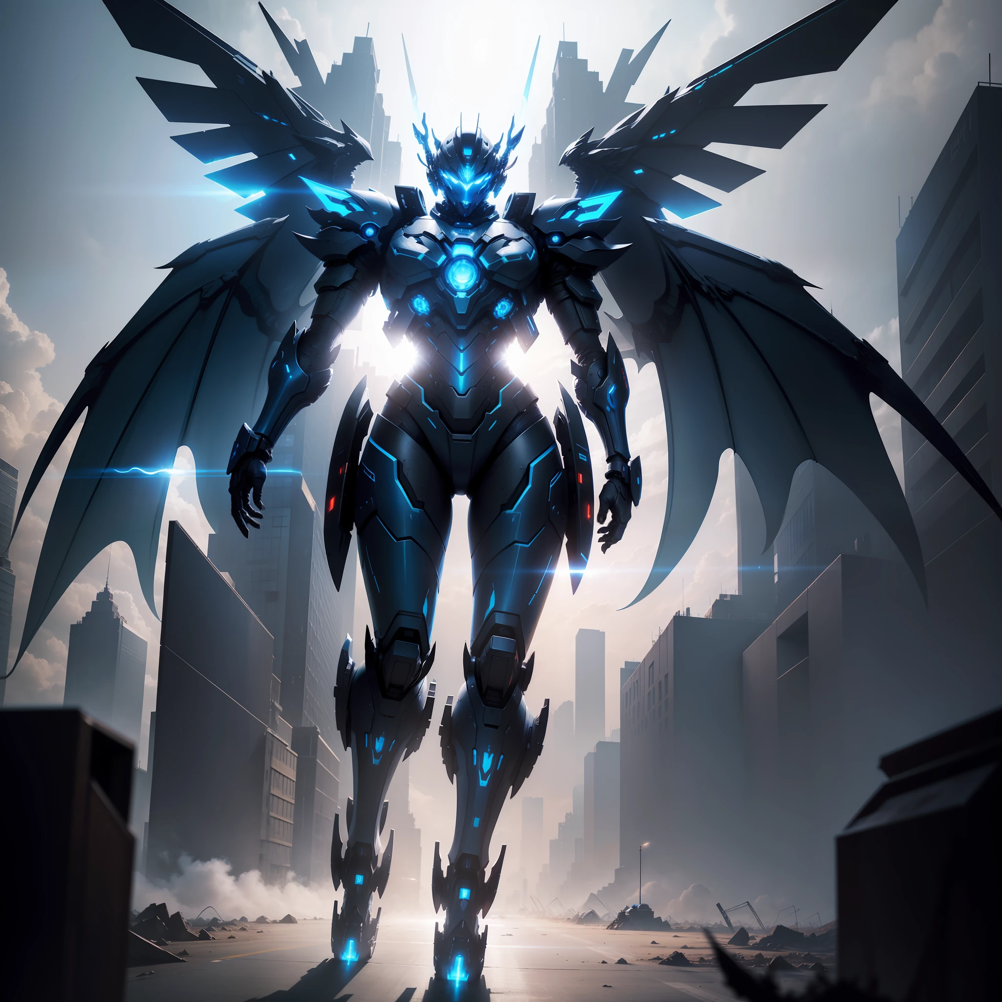 Full Body Mech, High Mobility Six-Winged Angel Blue Mech, Blue Eyes, Dragon Horn, Verism, Chiaroscuro, Cinematic Lighting, Backlight, Scan Line, Speed Line, UHD, Best Quality, Cyberpunk Style Red Mech, Giant Mech Wings