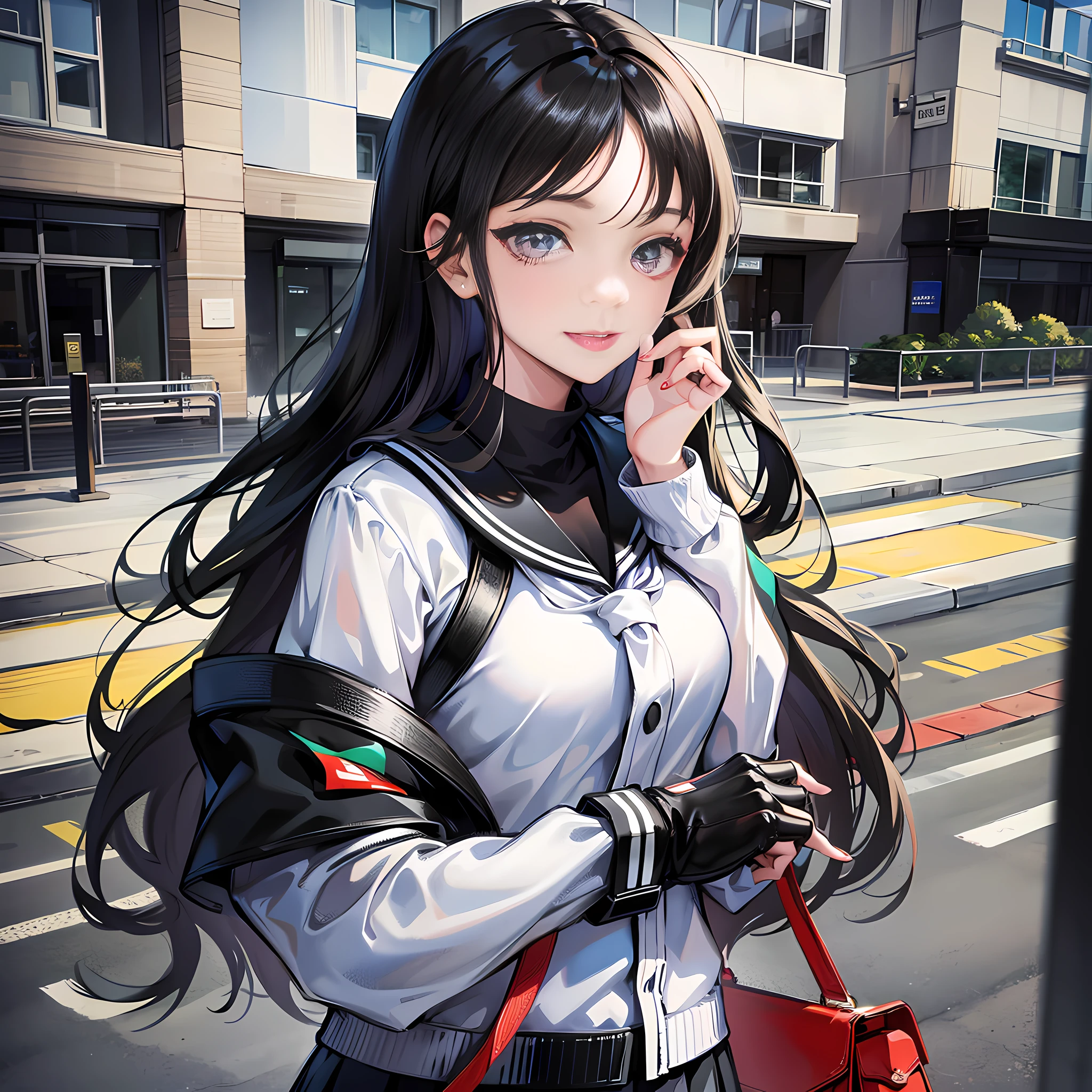 At school, there is a girl with long black hair, a bad smile, bags, super detailed, white, 4k