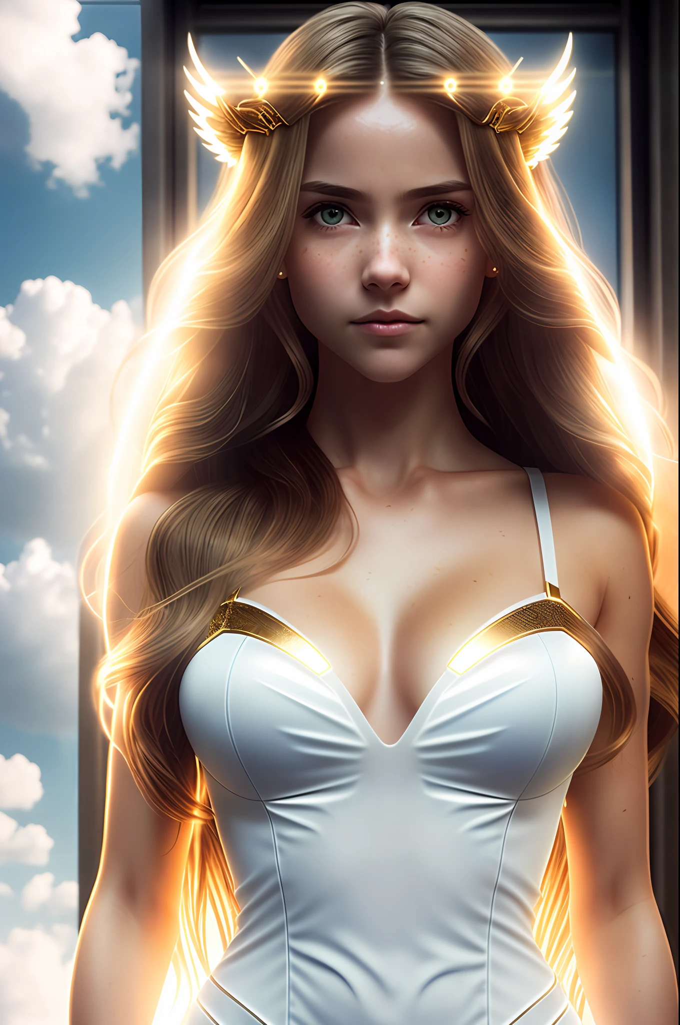 slutty, best quality, ultra-detail, illustration, close-up, full body, underwear, small breasts, (1girl), golden eyes, long hair, (halo), detailed cloud,  detailed sky, cum everywhere, orgasmic expression, looking at the viewer, kneeling, (torn clothes), (translucent dress), smooth skin