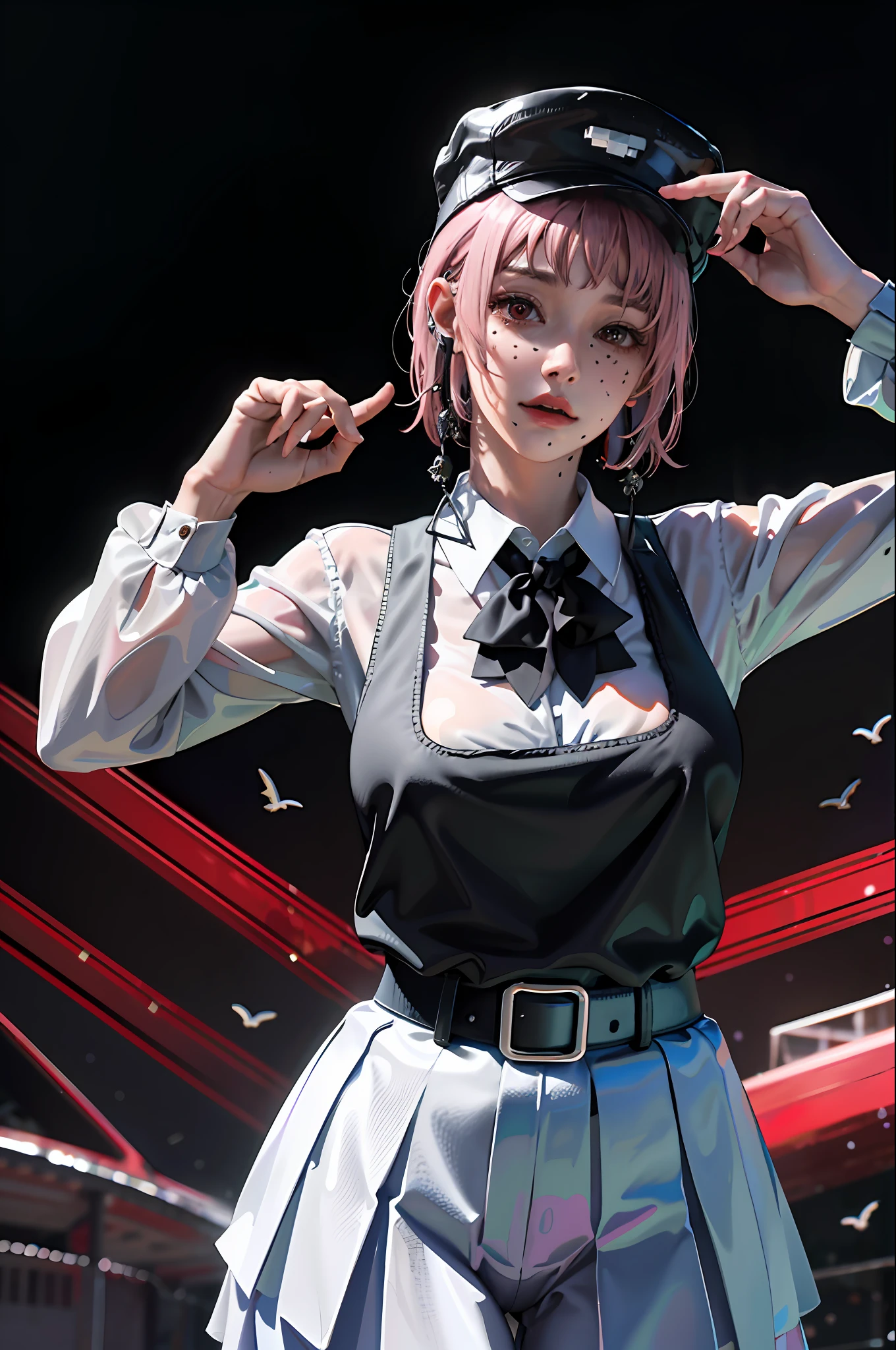 Absurd, high resolution, super detailed, (1 girl:1.3),
break
, fami \ (chainsaw man) with (huge hanging breasts: 2.0) and (huge hips: 1.2), expressionless, mouth closed, looking at the audience, pink hair, black hat, red eyes, school uniform, dress, white shirt, neckband, jewelry, earrings,
break
, at the beach, the body is wet. Double exposure, layered images, blended visuals, overlapping compositions, fantastic hallucinations, poetic narratives
