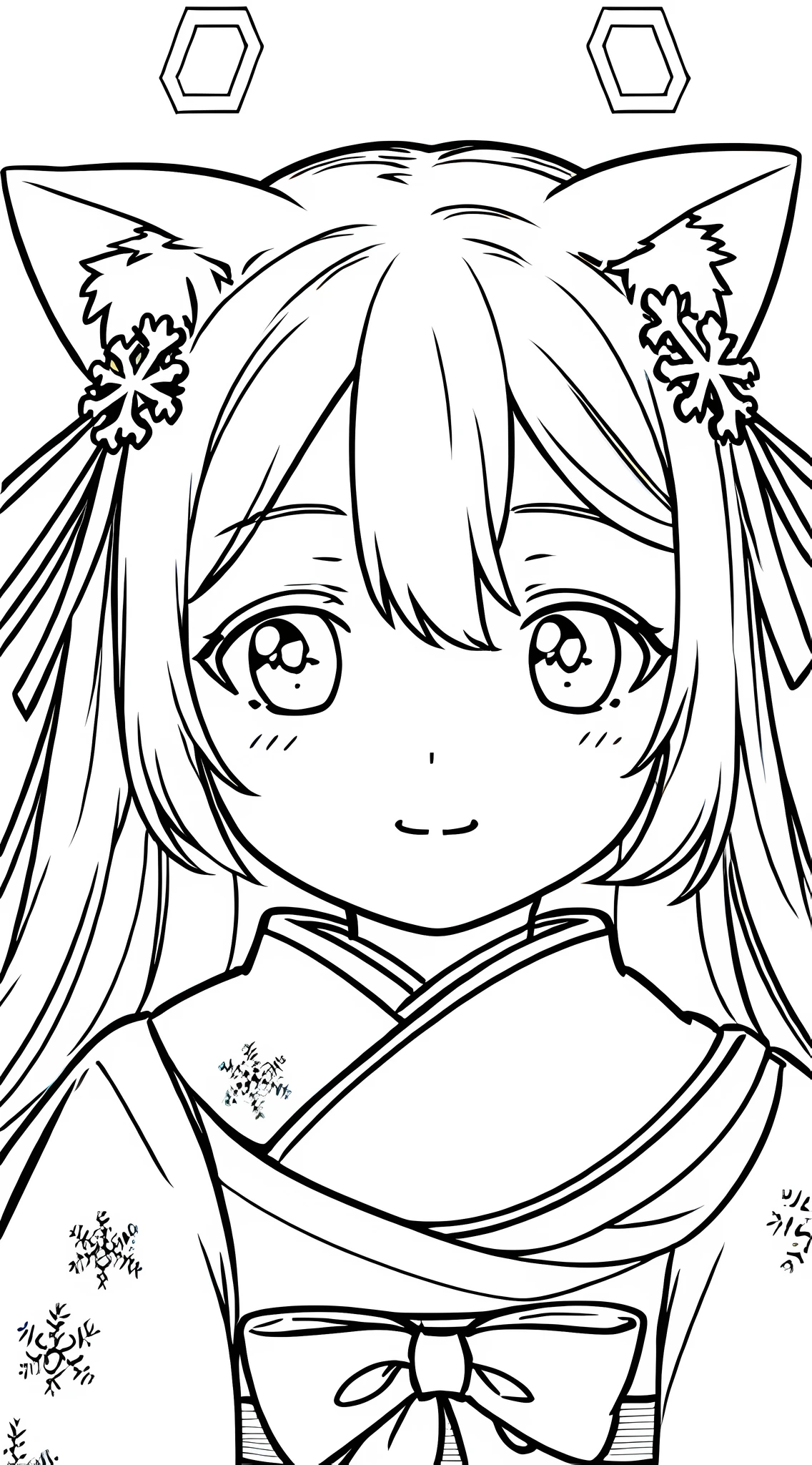 Detail face, ((Perfect detail)), Cold light, ((Data in eyes)), ((Data dotting hair)),, Line drawing, Monochrome, Line drawing cute cat ears, head close-up, hexagonal snowflake, white hair, Hanfu, white background