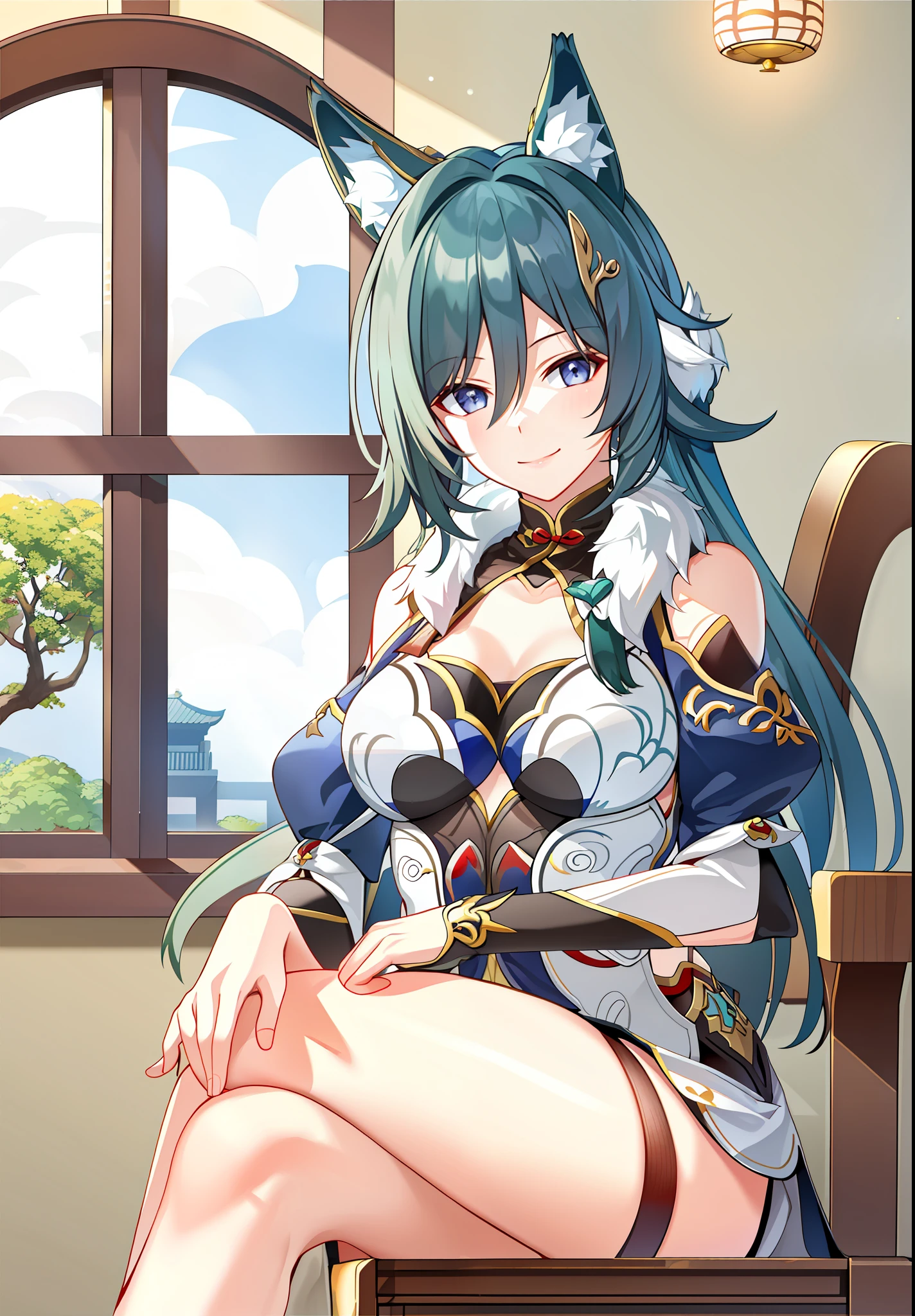 masterpiece, best quality, high resolution,
Yukong, 1girl, solo, sitting, bangs, crossed legs, looking at viewer, closed mouth, smile, bare shoulders, window, indoors, chair, legs, table, chinese cloth