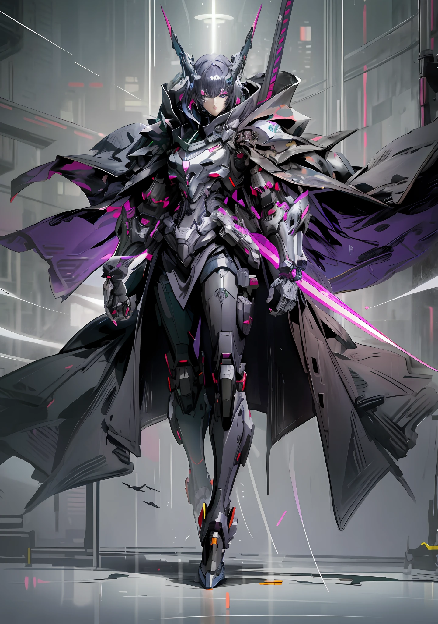 anime character with a futuristic outfit and a purple cape, cyberpunk anime girl mech, digital cyberpunk anime art, style of raymond swanland, best anime 4k konachan wallpaper, girl in mecha cyber armor, crow in cyber armour, anime cyberpunk art, cyberpunk knight, high quality digital concept art, anime concept hdr anime macmanus, very beautiful cyberpunk samurai
