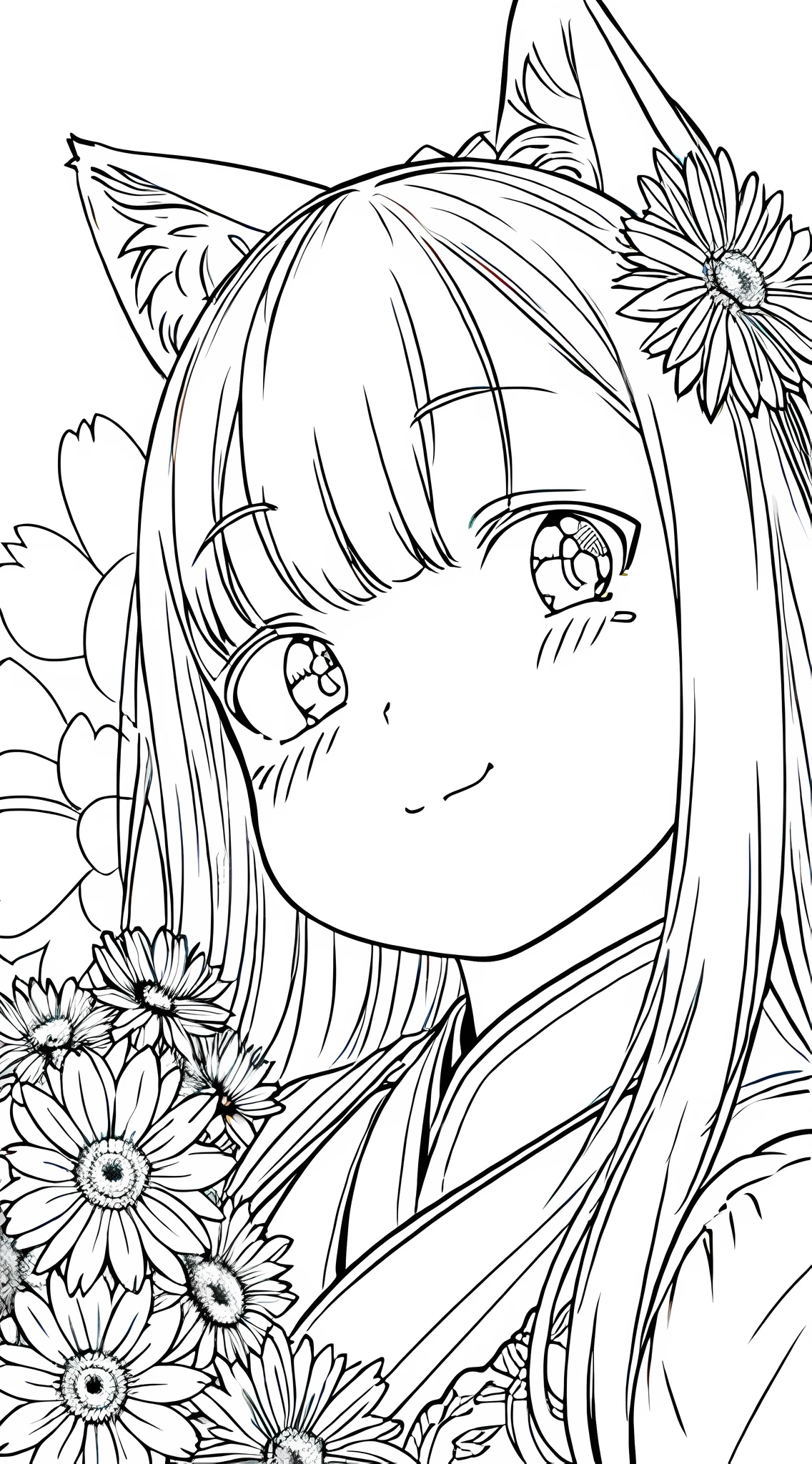 Detail face, ((Perfect detail)), Cold light, ((Data in eyes)), ((Data dotting hair)),, Line drawing, monochrome, Line drawing cute cat ears, head close-up, flowers, white hair, Hanfu, white background