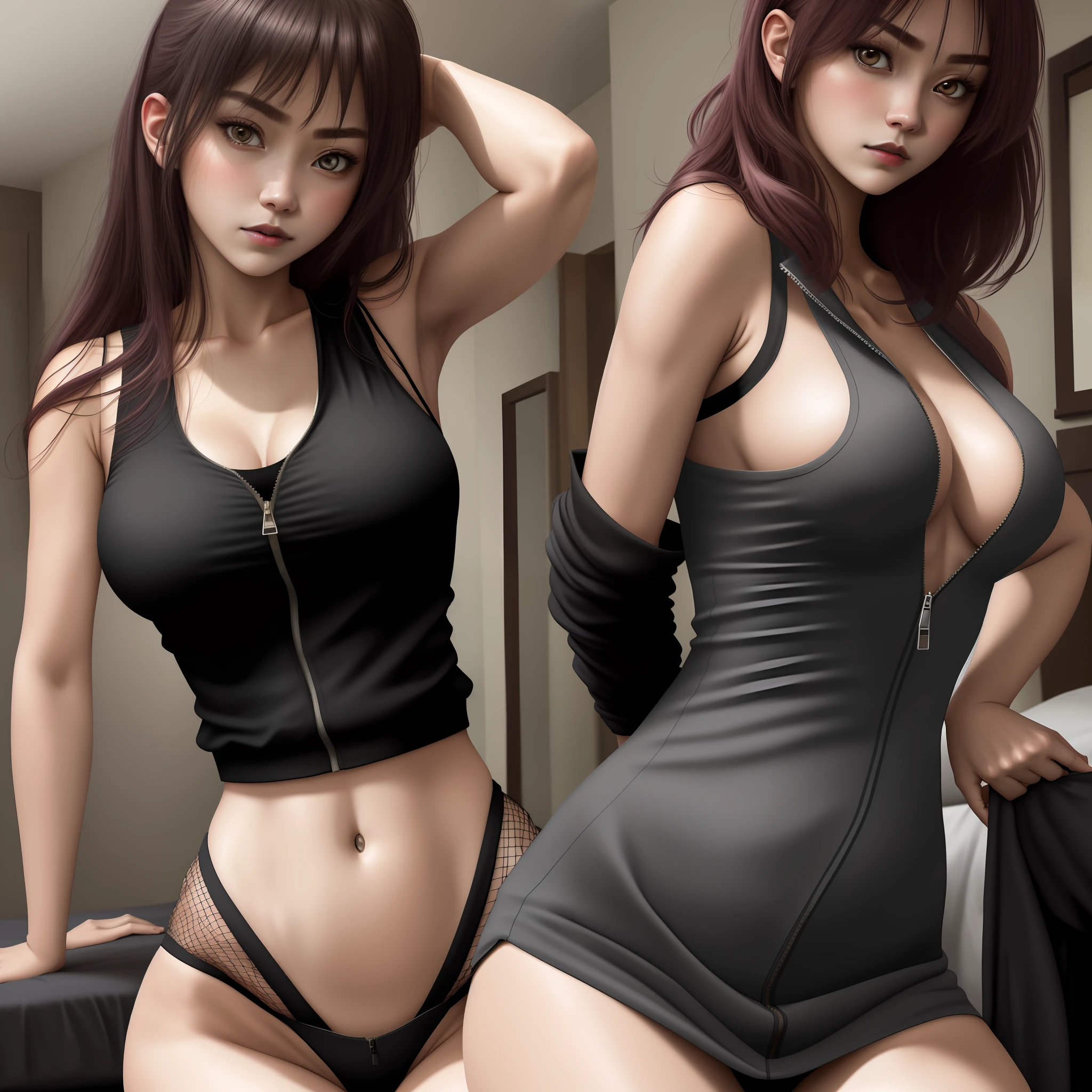 Masterpiece, detailed face, 1girl, solo, hyuga hyuga, hyuga sleeveless garment,room,, sleeveless shirt, fishnet garment, dark lips, unzipped jacket, no bra, breasts out,, standing, blush, (in bedroom)