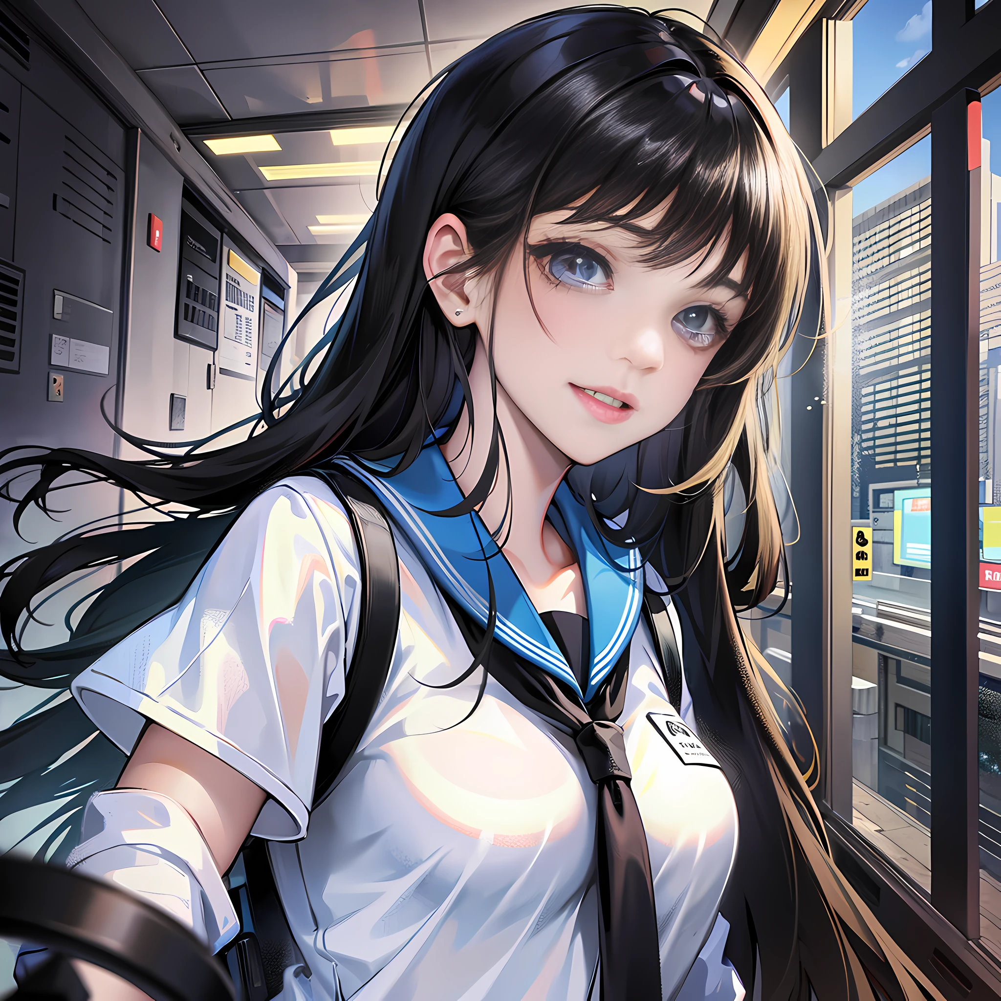 At school, there is a girl with long black hair, a bad smile, bags, super detailed, white, 4k