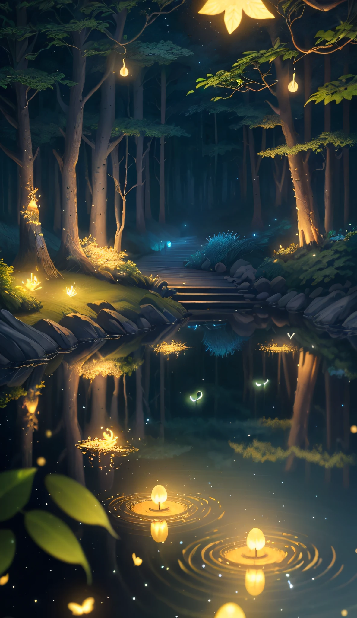 Masterpiece, best quality, (very detailed CG unity 8k wallpaper), (best quality), (best illustration), (best shadows), glow sprite, with a glowing deer, in the swimming pool Drinking water, natural elements in the forest theme. Mysterious forest, beautiful forest, nature, surrounded by flowers, delicate leaves and branches surrounded by fireflies (natural elements), (jungle theme), (leaves), (twigs), (fireflies), (particle effects) etc. 3D , Octane rendering, ray tracing, super detailed