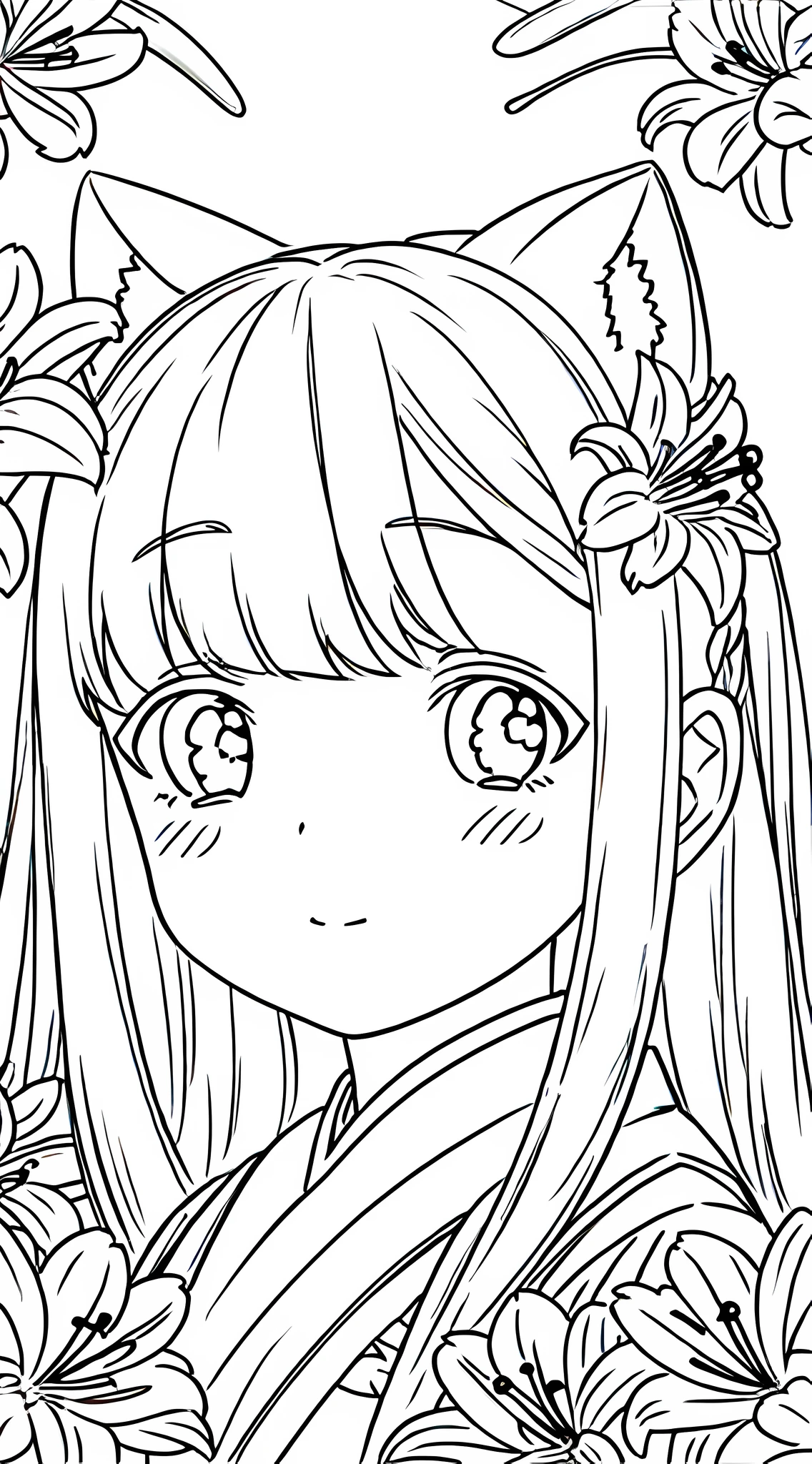 Detail face, ((Perfect detail)), Cold light, ((Data in eyes)), ((Data dotting hair)),, Line drawing, Monochrome, Line drawing cute cat ears, head close-up, lily flowers, white hair, Hanfu, white background