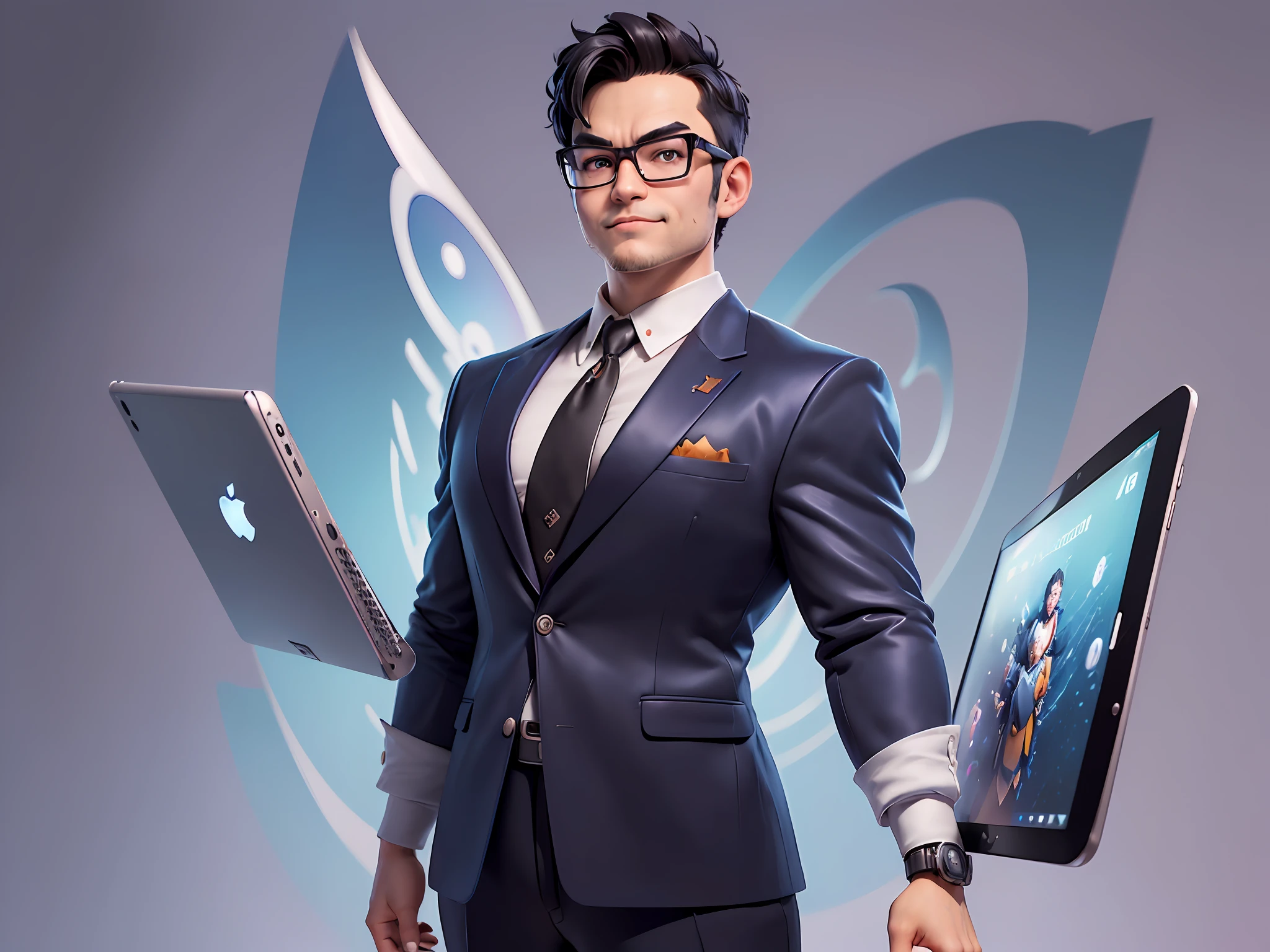 (((Masterpiece), (Excellent), (Super Meticulous), (Full Body: 1.2), Super Young Man, Oriental Face, Japanese Wind and Thunder God, Dragon, Tiger, TV Anchor, Bust Portrait Illustration, Alone, Black Formal Suit, Blue Tie, Slightly Chubby Face, Silver Glasses Face Very Clean No Beard, Black Super Short Hair, Black Eyes, Confident Smile, 3c Computer Sub-Products, iPad, iPhone, Digital Painting, 3D Character Design by Akira Toriyama and Mark Claireden and Pixar and Hayao Miyazaki, The illustration is a high-definition illustration in 4K resolution with very detailed facial features and cartoon-style visuals.