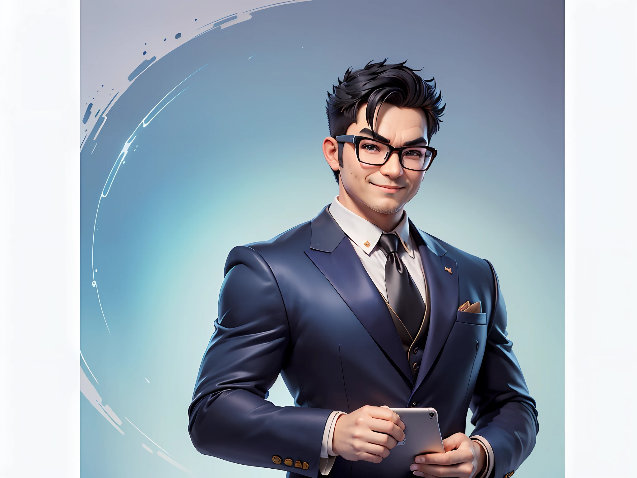 (((Masterpiece), (Excellent), (Super Meticulous), (Full Body: 1.2), Super Young Man, Oriental Face, Japanese Wind and Thunder God, Dragon, Tiger, TV Anchor, Bust Portrait Illustration, Alone, Black Formal Suit, Blue Tie, Slightly Chubby Face, Silver Glasses Face Very Clean No Beard, Black Super Short Hair, Black Eyes, Confident Smile, 3c Computer Sub-Products, iPad, iPhone, Digital Painting, 3D Character Design by Akira Toriyama and Mark Claireden and Pixar and Hayao Miyazaki, The illustration is a high-definition illustration in 4K resolution with very detailed facial features and cartoon-style visuals.