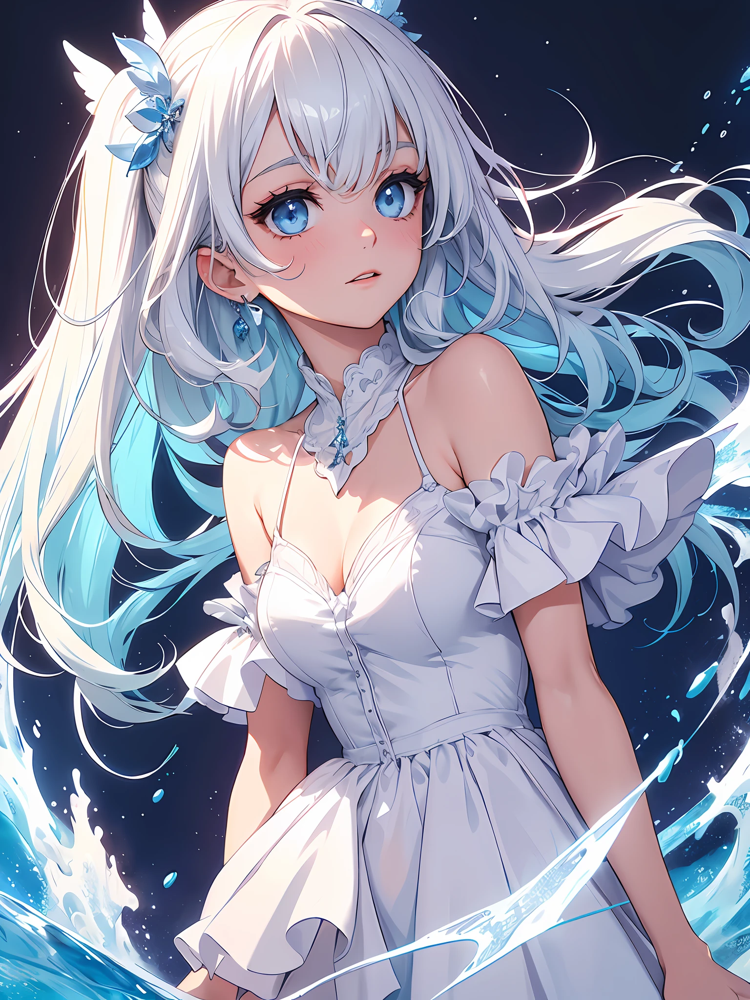 (masterpiece, top quality, highest quality, official art, beautiful and aesthetic: 1.2), (1 girl: 1.3),break,solo,angel,beautiful girl,break,big eyes, beautiful detailed eyes, blue colored eyes, long lashes, break, blush, break, high saturation, break, starry sky, colorful, sky, break, smile, break, break, bare shoulders, mini dresses, Simple, short, white, sheer, transparent, transparent, shiny, glowing, break,)