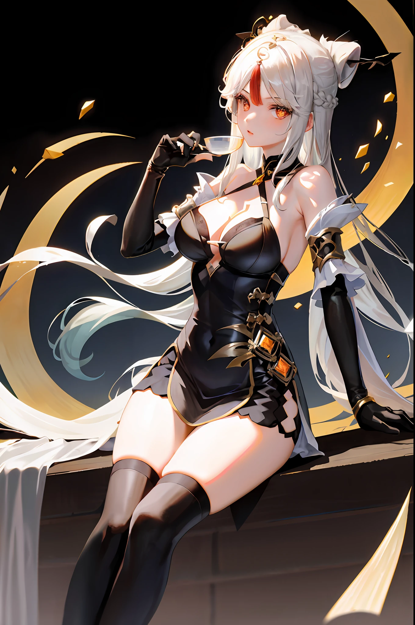 Ningguang, genshin impact, 1girl, alcohol, alternate costume, armlet, bare shoulders, black background, black dress, black gloves, black thighhighs, breasts, cleavage, criss-cross halter, cup, dress, drinking glass, flower, gloves, gradient background, hair between eyes, hair ornament, halterneck, holding, holding cup, large breasts, long hair, braid hair, looking at viewer, silver hair, silver short nails, see-through gloves, solo, thighhighs, thighs, wine, wine glass, ((masterpiece)) black pleated skirt, sitting,