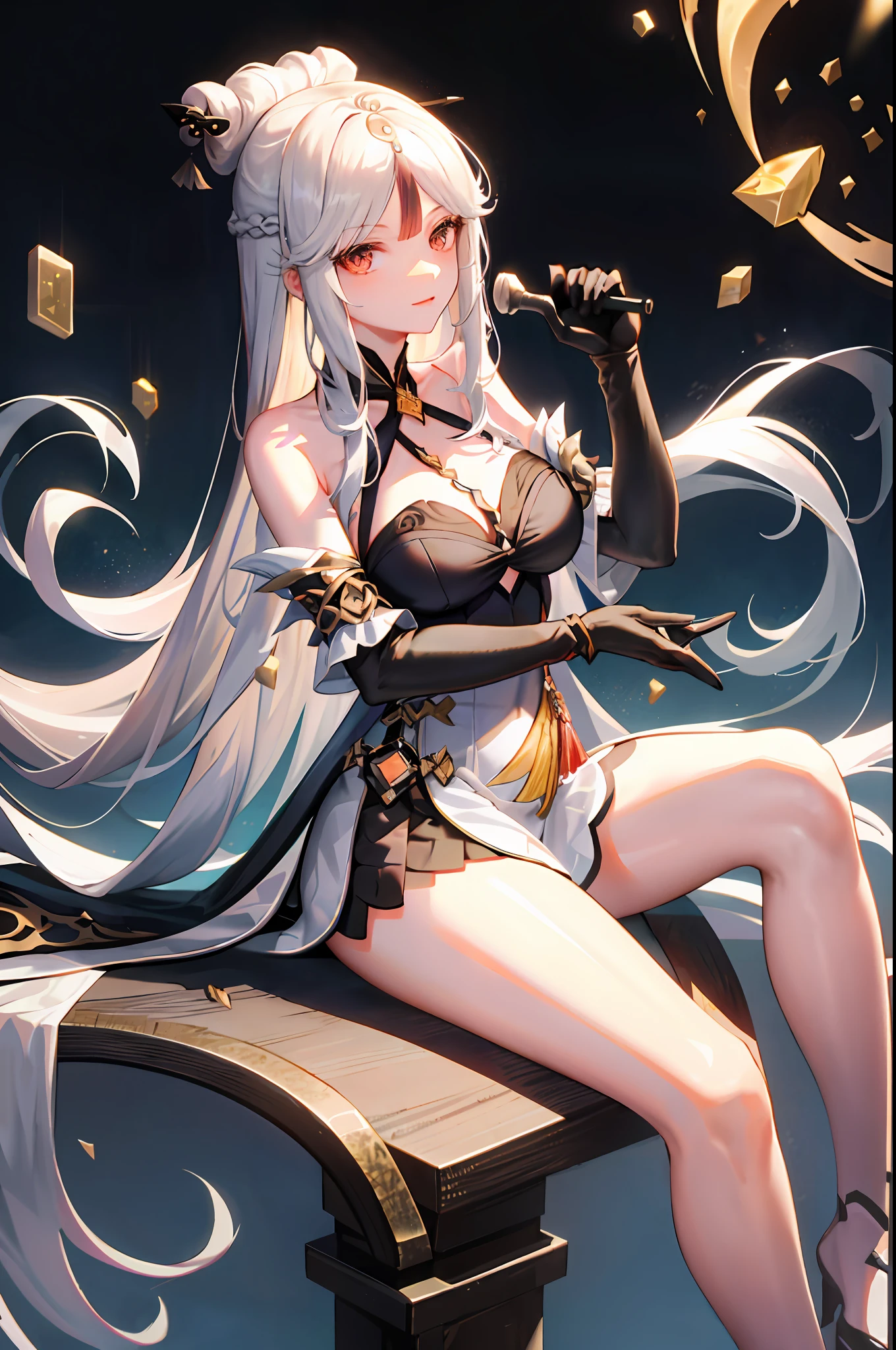 Ningguang, genshin impact, 1girl, alcohol, alternate costume, armlet, bare shoulders, black background, black dress, black gloves, black thighhighs, breasts, cleavage, criss-cross halter, cup, dress, drinking glass, flower, gloves, gradient background, hair between eyes, hair ornament, halterneck, holding, holding cup, large breasts, long hair, braid hair, looking at viewer, silver hair, silver short nails, see-through gloves, solo, thighhighs, thighs, wine, wine glass, ((masterpiece)) black pleated skirt, sitting,