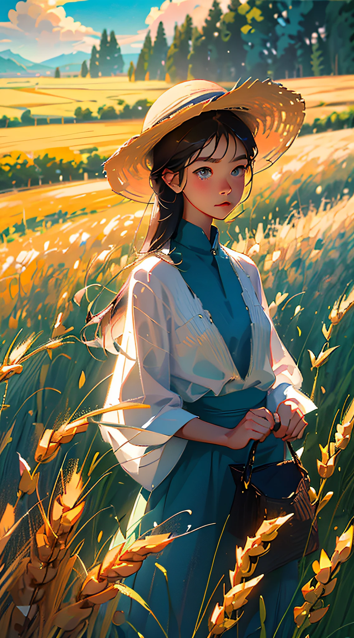 Wheat field, a farmer uncle with a straw hat standing in a wheat field, big clouds, blue sky, rice field, neat rice seedlings in the field, forest, hillside, secluded, rural, HD detail, hyper-detail, cinematic, surrealism, soft light, deep field focus bokeh, ray tracing and surrealism. --v6