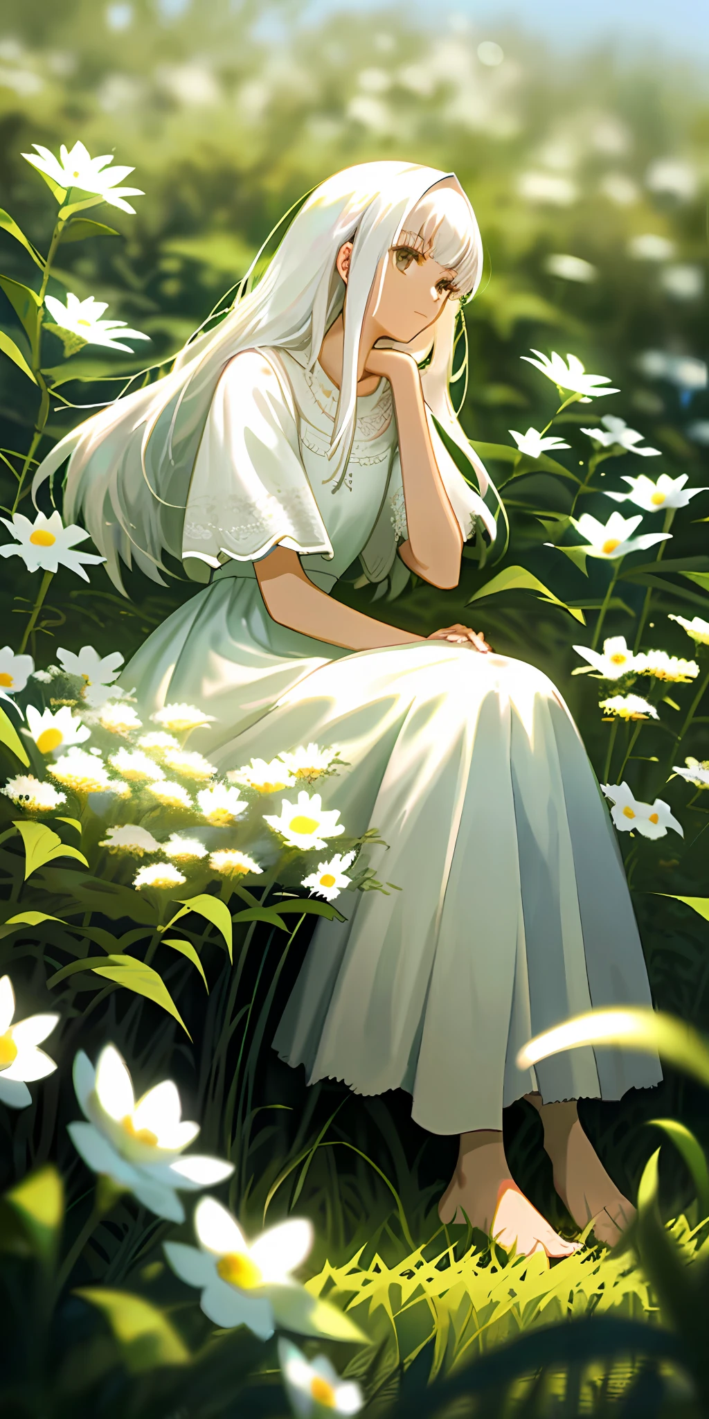 Masterpiece, best quality), 1 long girl with white hair sitting in a field of greenery and flowers, her hands under her chin, bare feet, warm lighting, white dress, blurred foreground
Wait for it to start