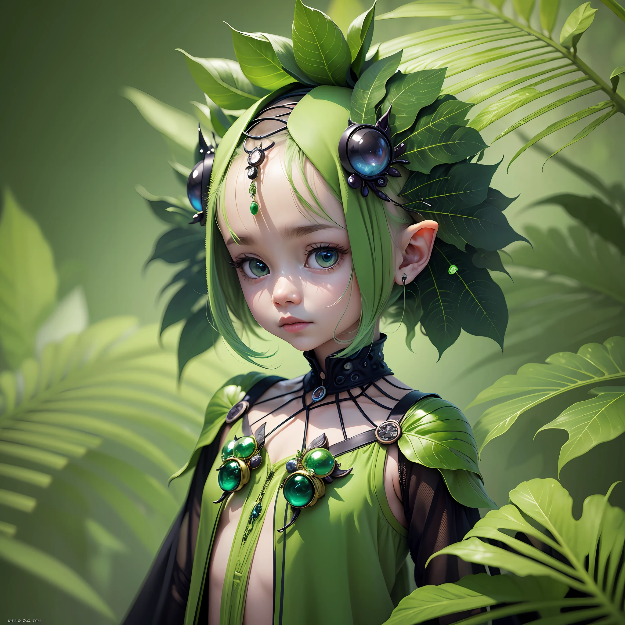 Extraordinary portrait of microscopic unknown little small adorable alien species over green leaf style of high alien fashion professional photography, 8k, beauty --auto --s2