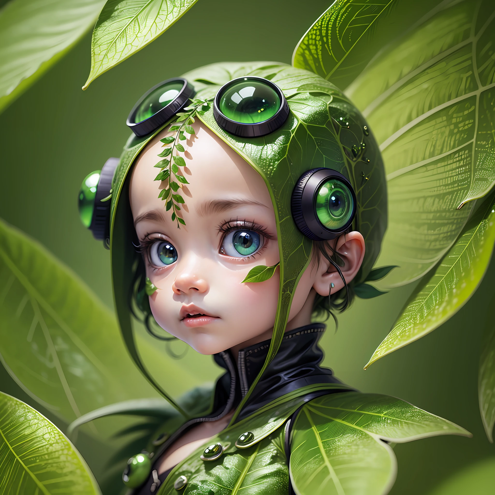 Extraordinary portrait of microscopic unknown little small adorable alien species over green leaf style of high alien fashion professional photography, 8k, beauty --auto --s2